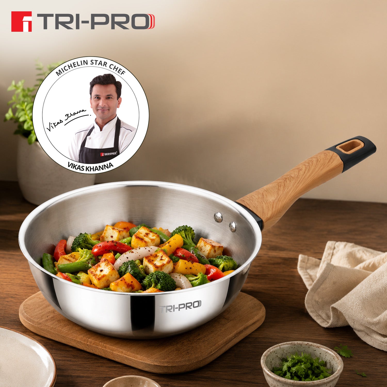 TriPro Triply Stainless Steel 22cm/2L Wok with Wooden Soft Touch Handle