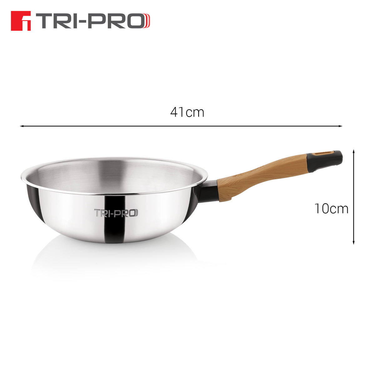 Tri-Pro 22cm tri-ply stainless steel wok dimension diagram showing 41cm overall length with wooden handle and 10cm total height