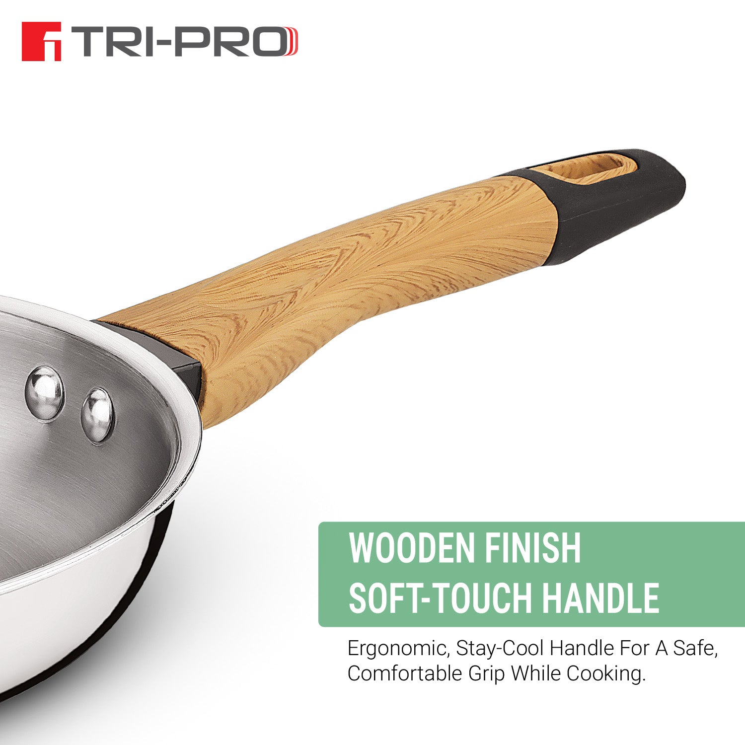 Tri-Pro tri-ply stainless steel wok close-up highlighting the ergonomic wooden-finish soft-touch stay-cool handle for a safe, comfortable grip