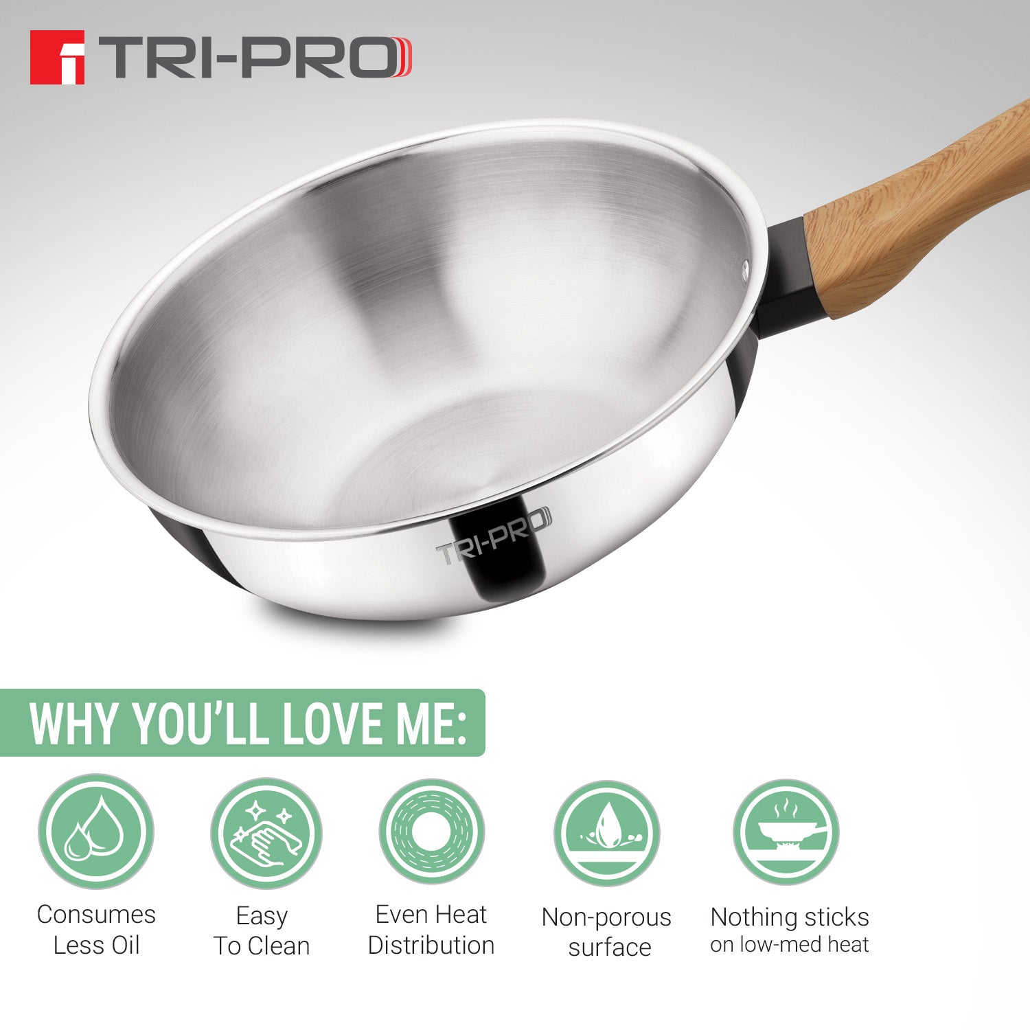 Tri-Pro 22cm tri-ply stainless steel wok with wooden soft-touch handle highlighting key benefits: consumes less oil, easy to clean, even heat distribution, non-porous surface, and stick-free cooking on low-med heat