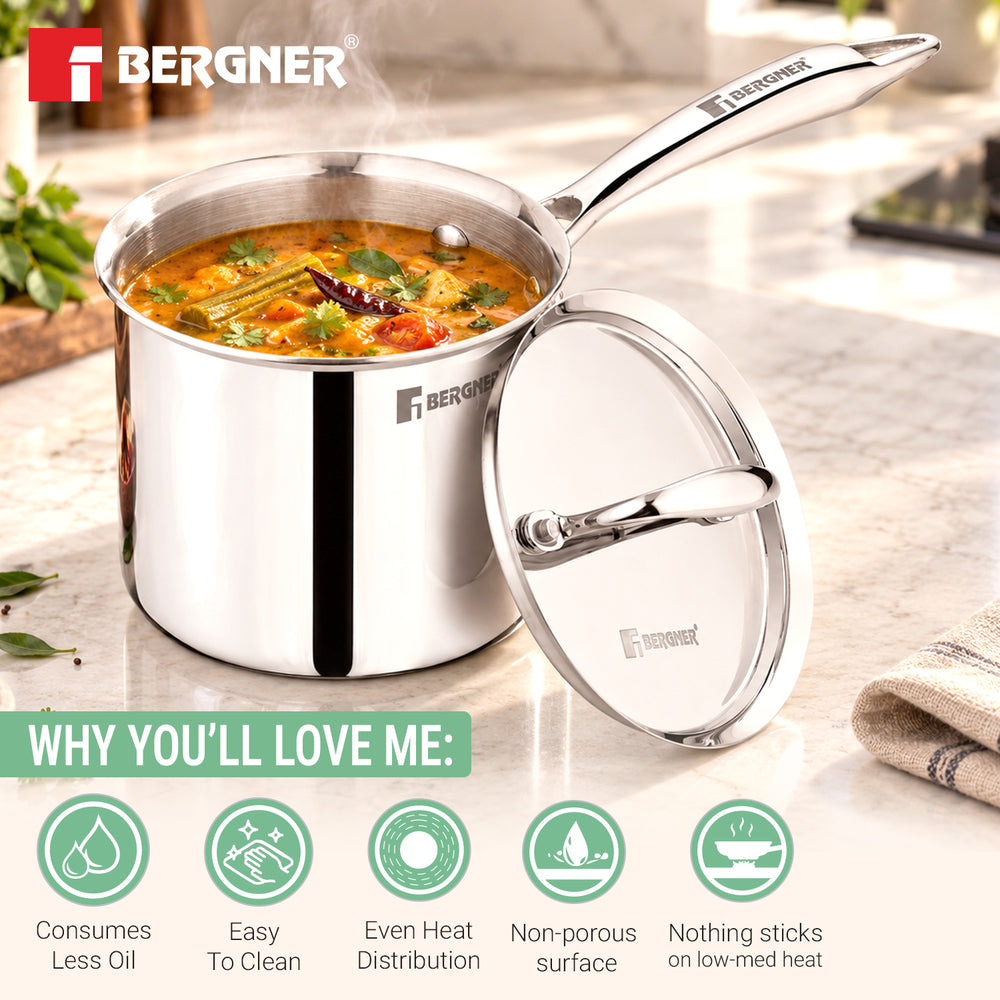 Argent Triply Stainless Steel Deep Pot (Mudde) 12cm (1.2L) with Lid