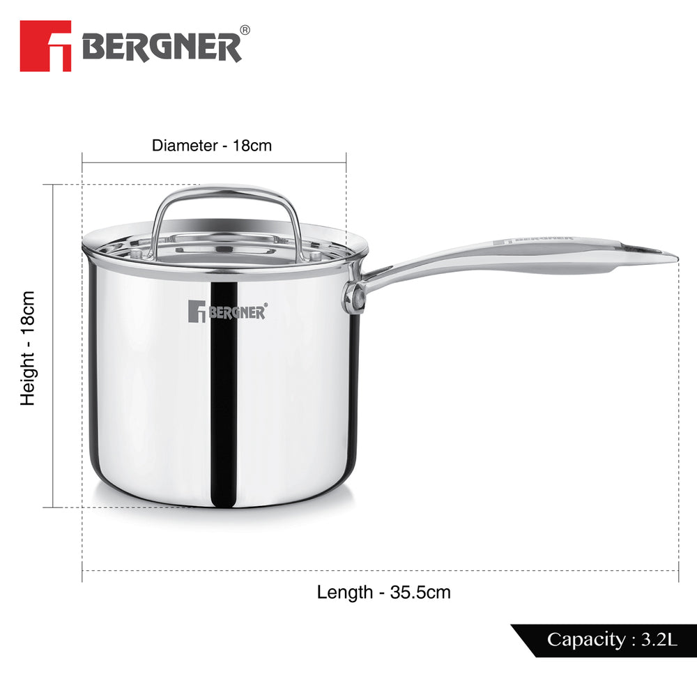 Argent Triply Stainless Steel Deep Pot (Mudde) 16cm (3L) with Lid
