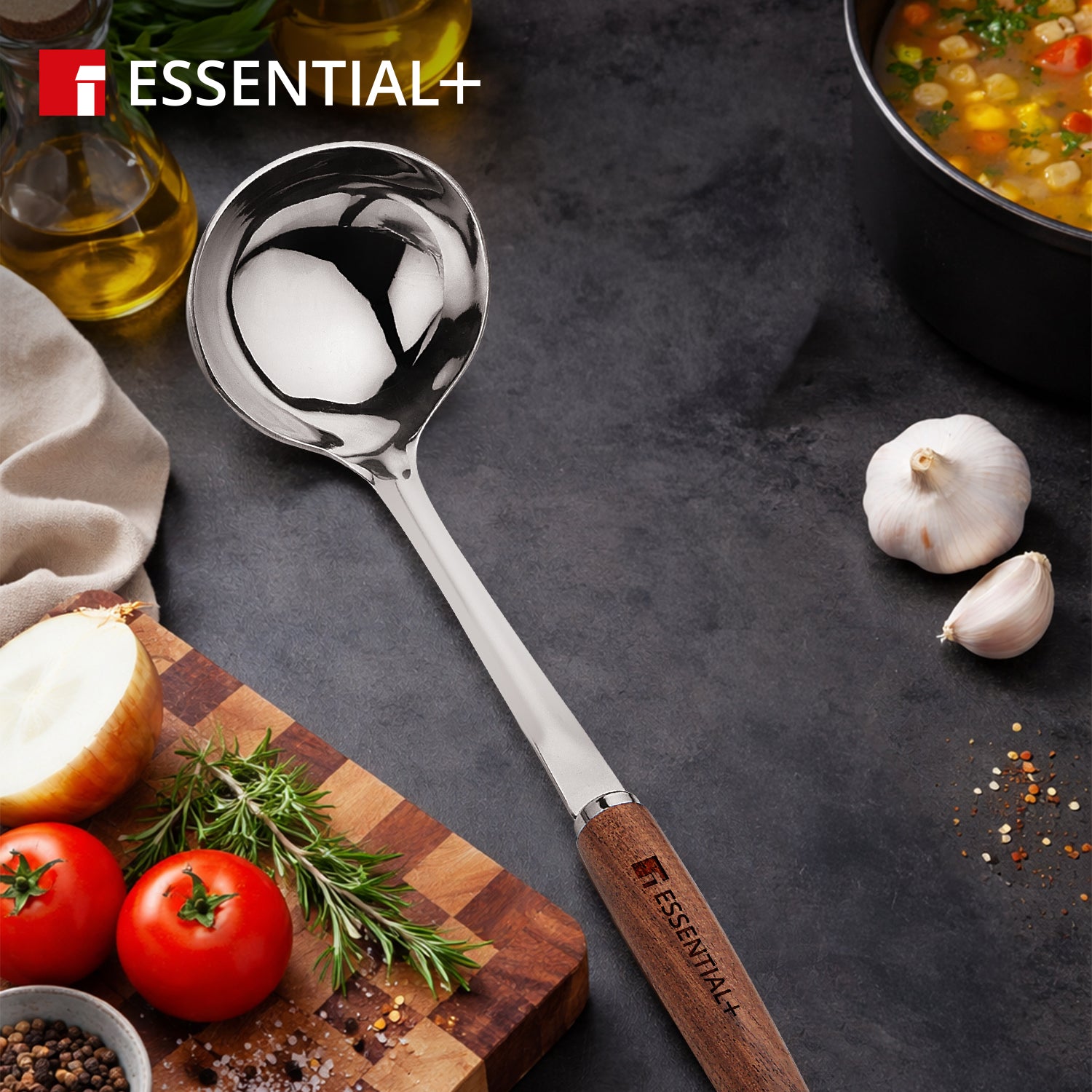 Essential Plus Stainless Steel 32cm Ladle with Wooden Handle