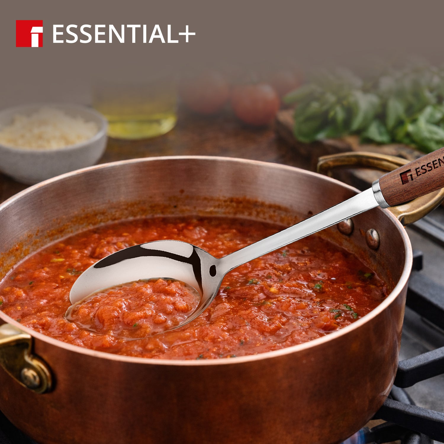 Essential Plus Stainless Steel 34cm Solid Spoon with Wooden Handle