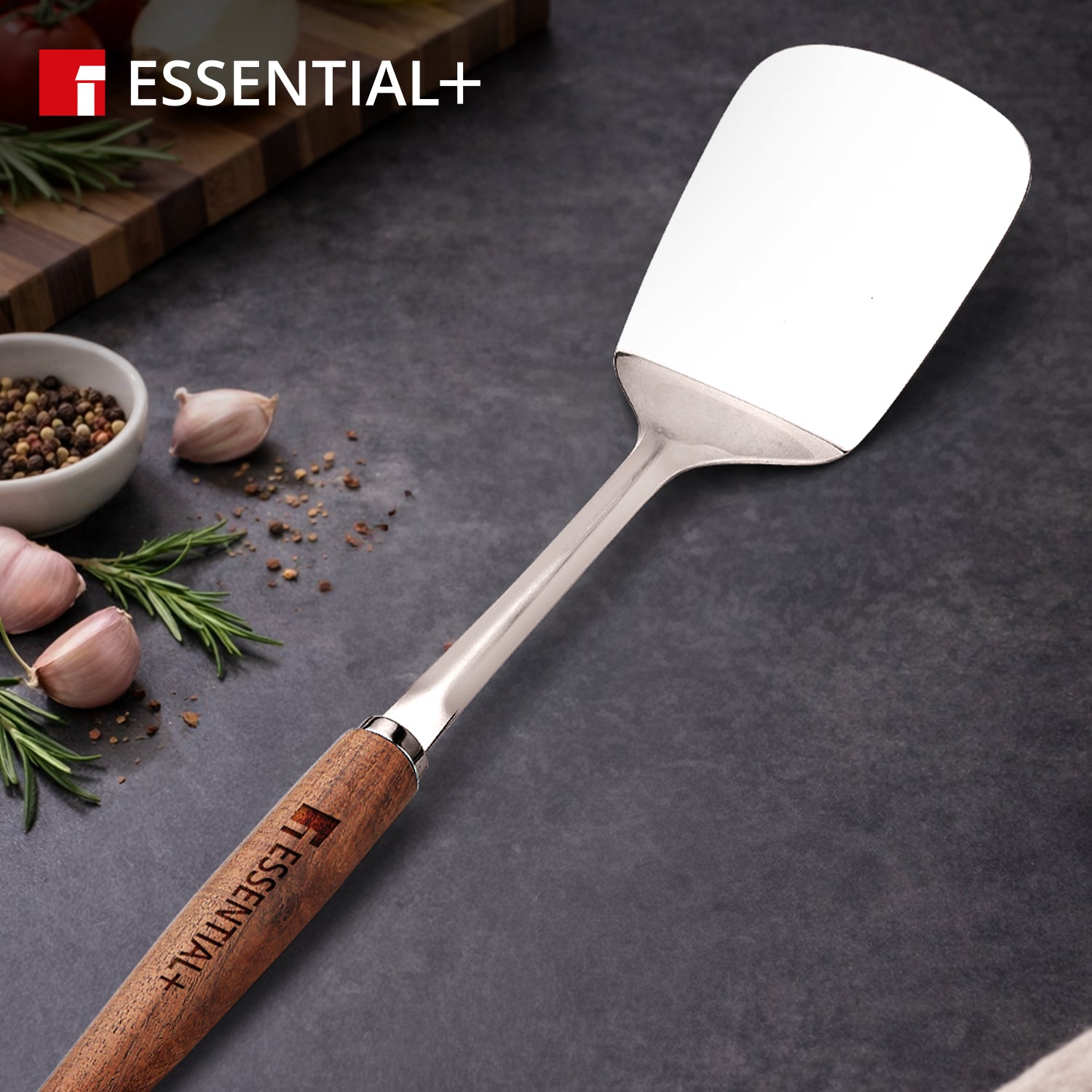 Essential Plus Stainless Steel 34cm Solid Turner with Wooden Handle