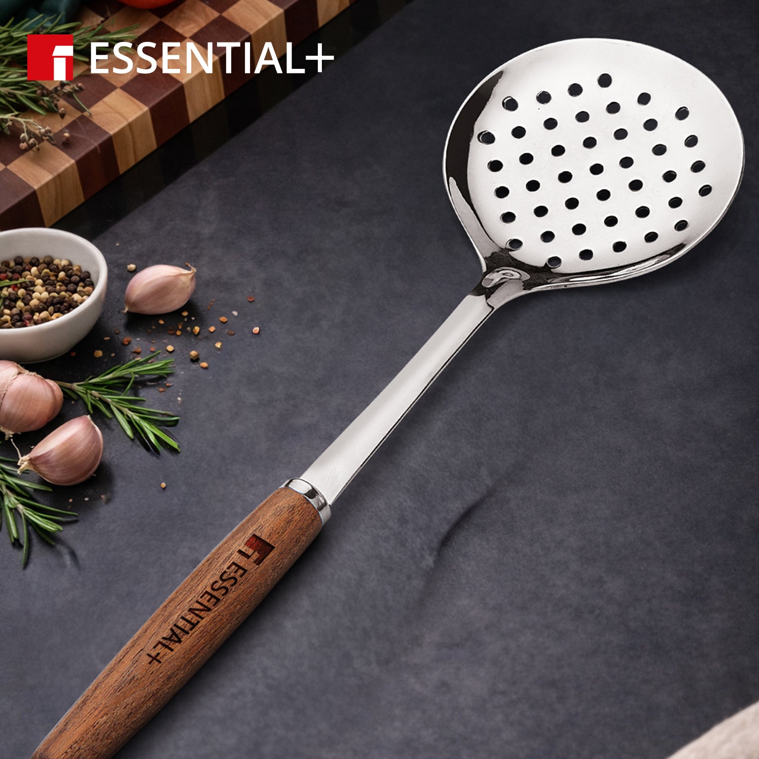 Essential Plus Stainless Steel 34cm Skimmer with Wooden Handle