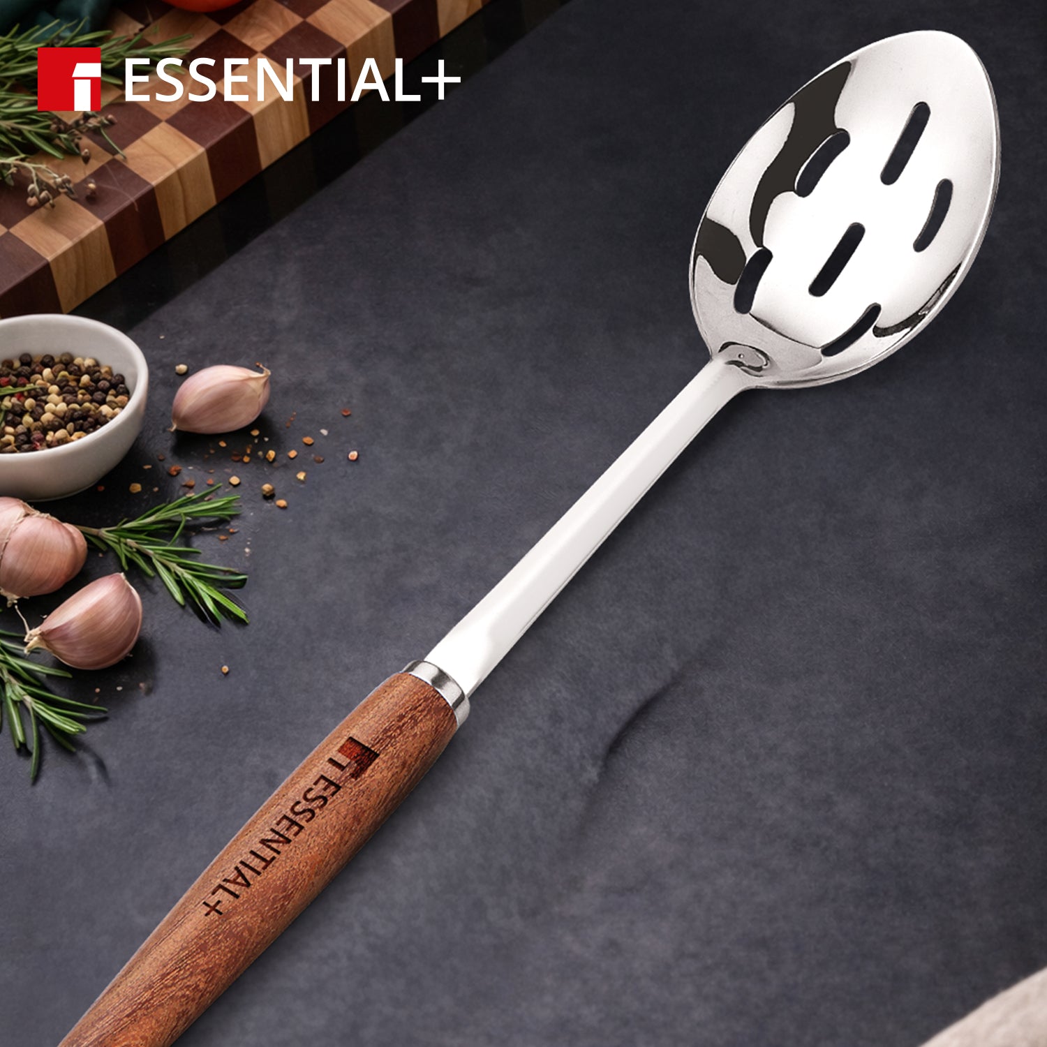Essential Plus Stainless Steel 34cm Slotted Spoon with Wooden Handle