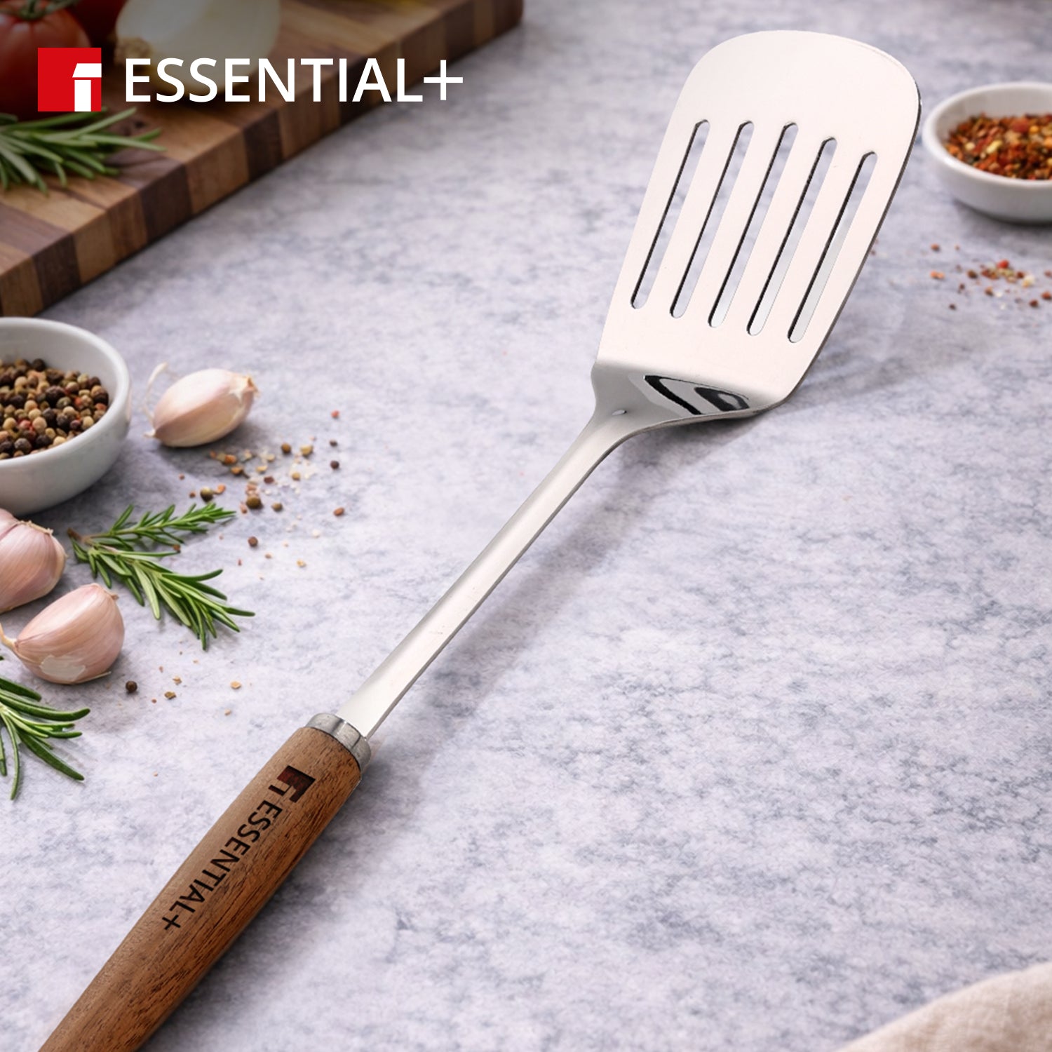 Essential Plus Stainless Steel 34cm Slotted Turner with Wooden Handle