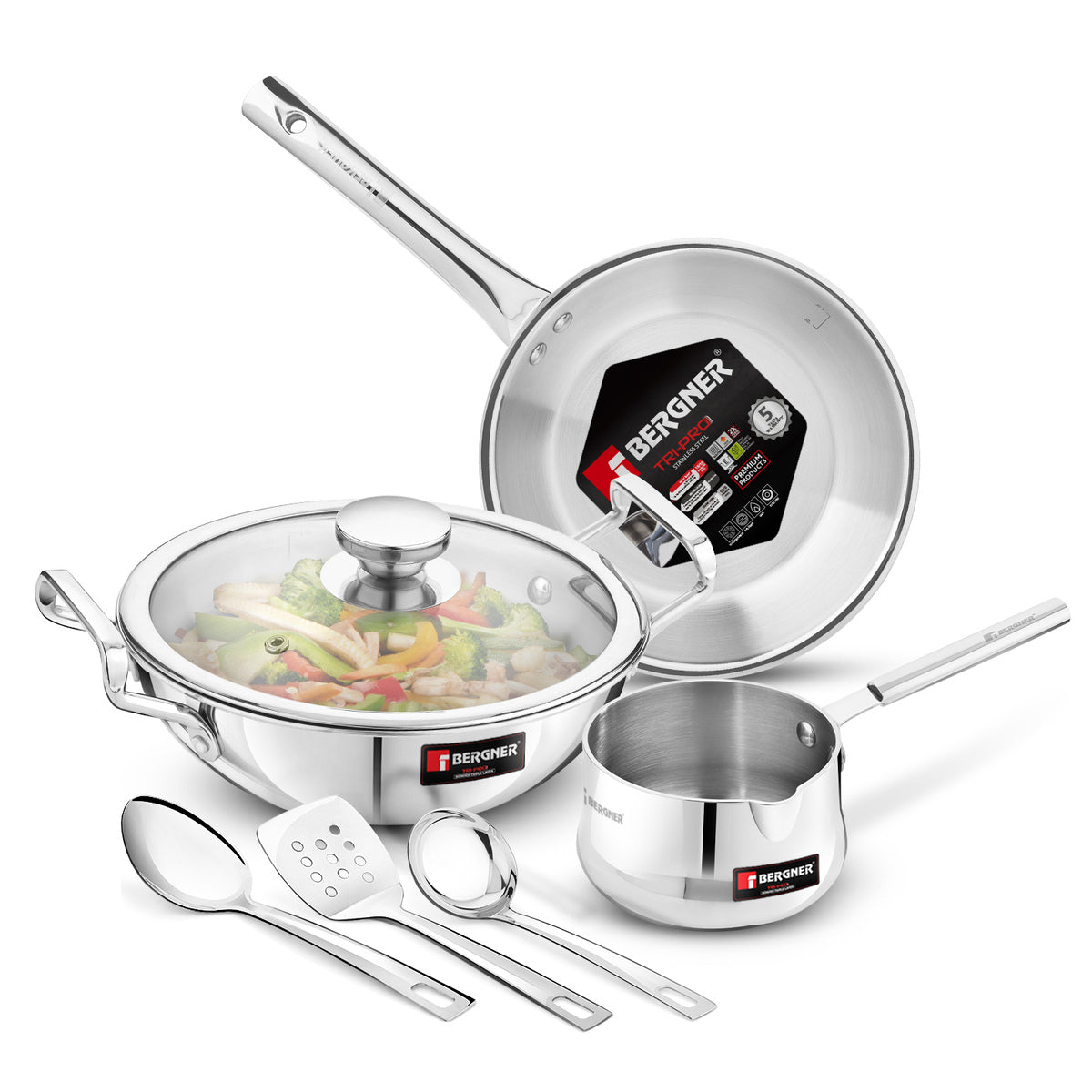 Bergner TriPro Tri-Ply Stainless Steel Induction Bottom 7 Pcs Cookware Set - 22cm (2L) Kadai with Glass Lid, 22cm (1L) Frypan, 12cm (0.9 L) Coffee Warmer with Stainless Steel Ladle, Serving Spoon, Turner