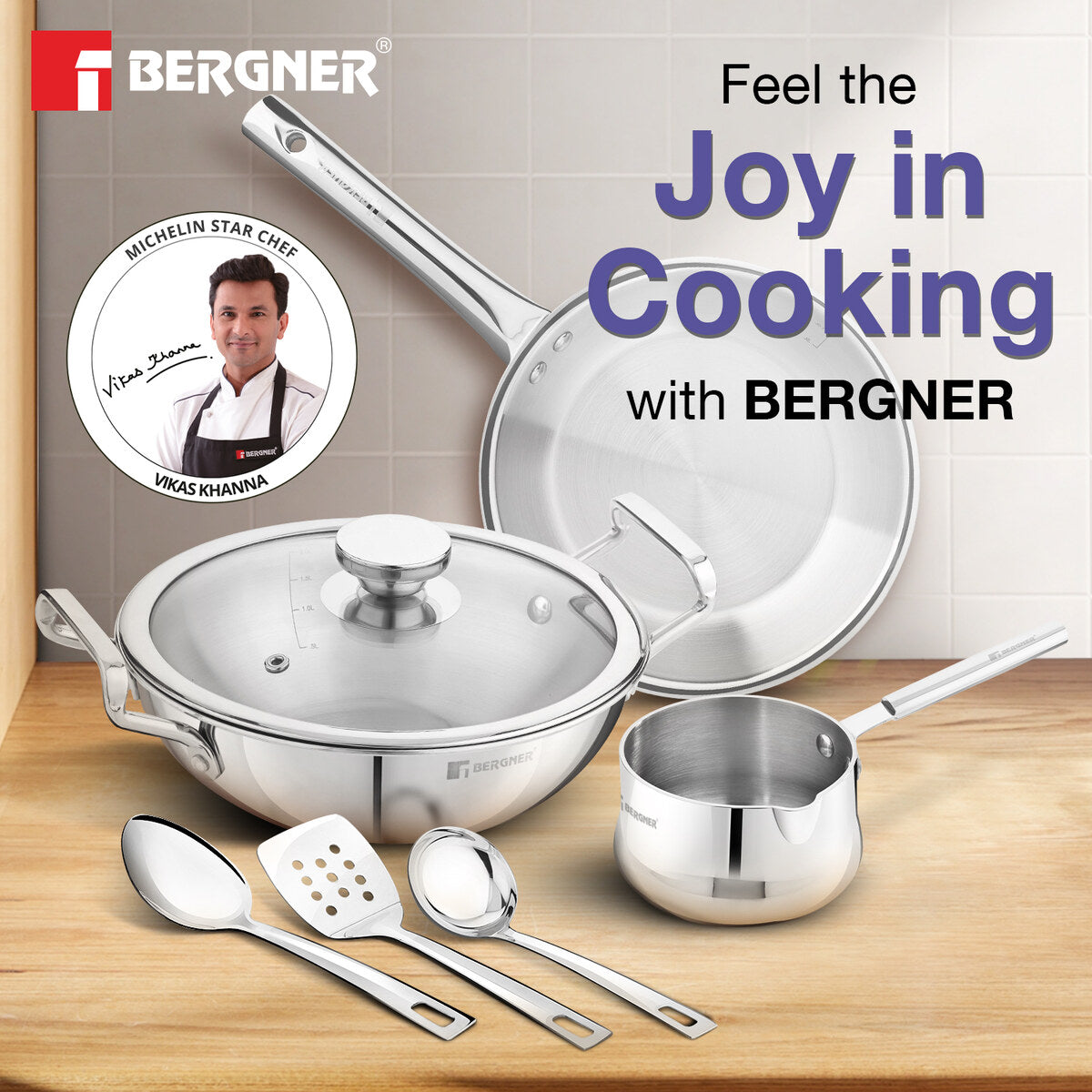 Bergner TriPro Tri-Ply Stainless Steel Induction Bottom 7 Pcs Cookware Set - 22cm (2L) Kadai with Glass Lid, 22cm (1L) Frypan, 12cm (0.9 L) Coffee Warmer with Stainless Steel Ladle, Serving Spoon, Turner