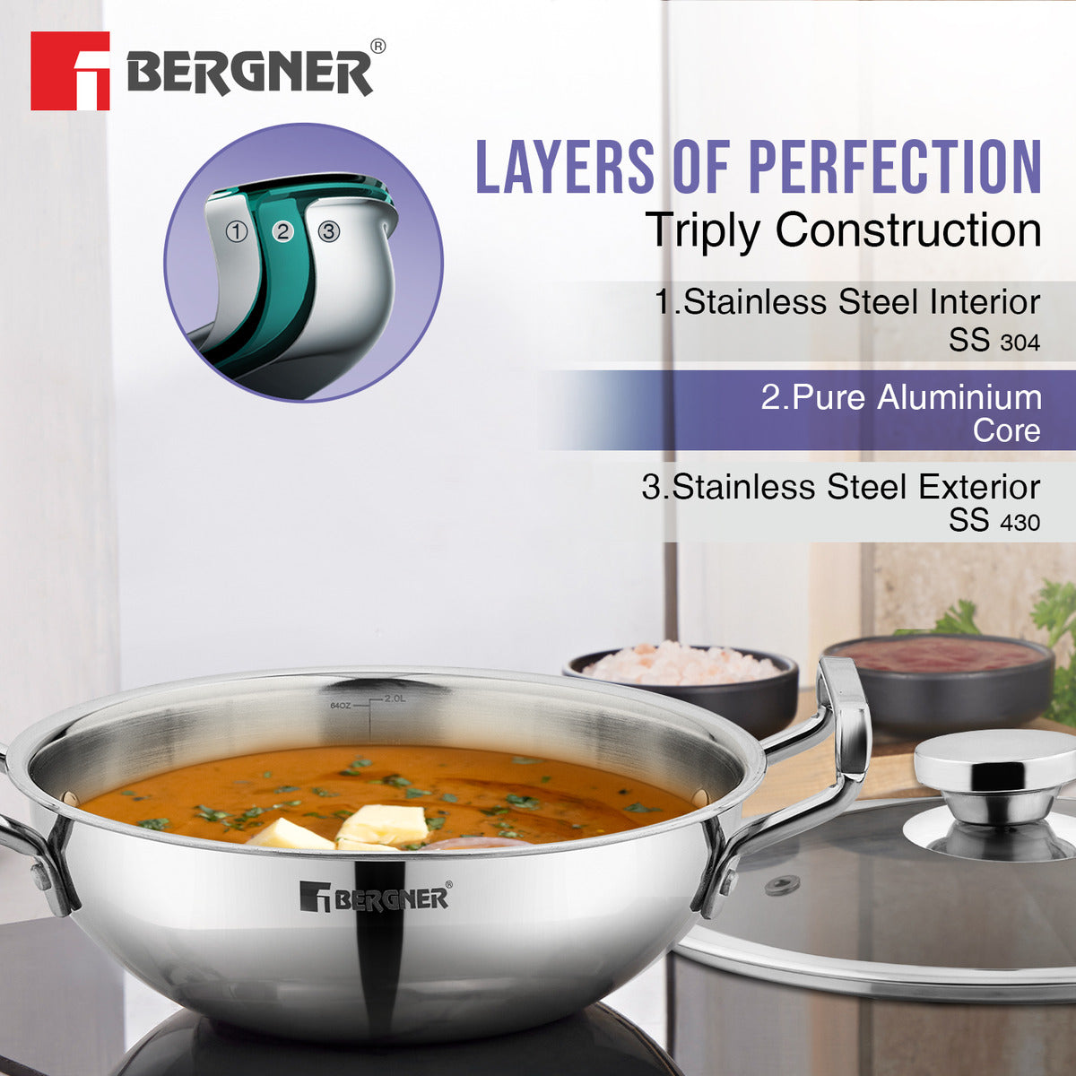 Bergner TriPro Tri-Ply Stainless Steel Induction Bottom 7 Pcs Cookware Set - 22cm (2L) Kadai with Glass Lid, 22cm (1L) Frypan, 12cm (0.9 L) Coffee Warmer with Stainless Steel Ladle, Serving Spoon, Turner