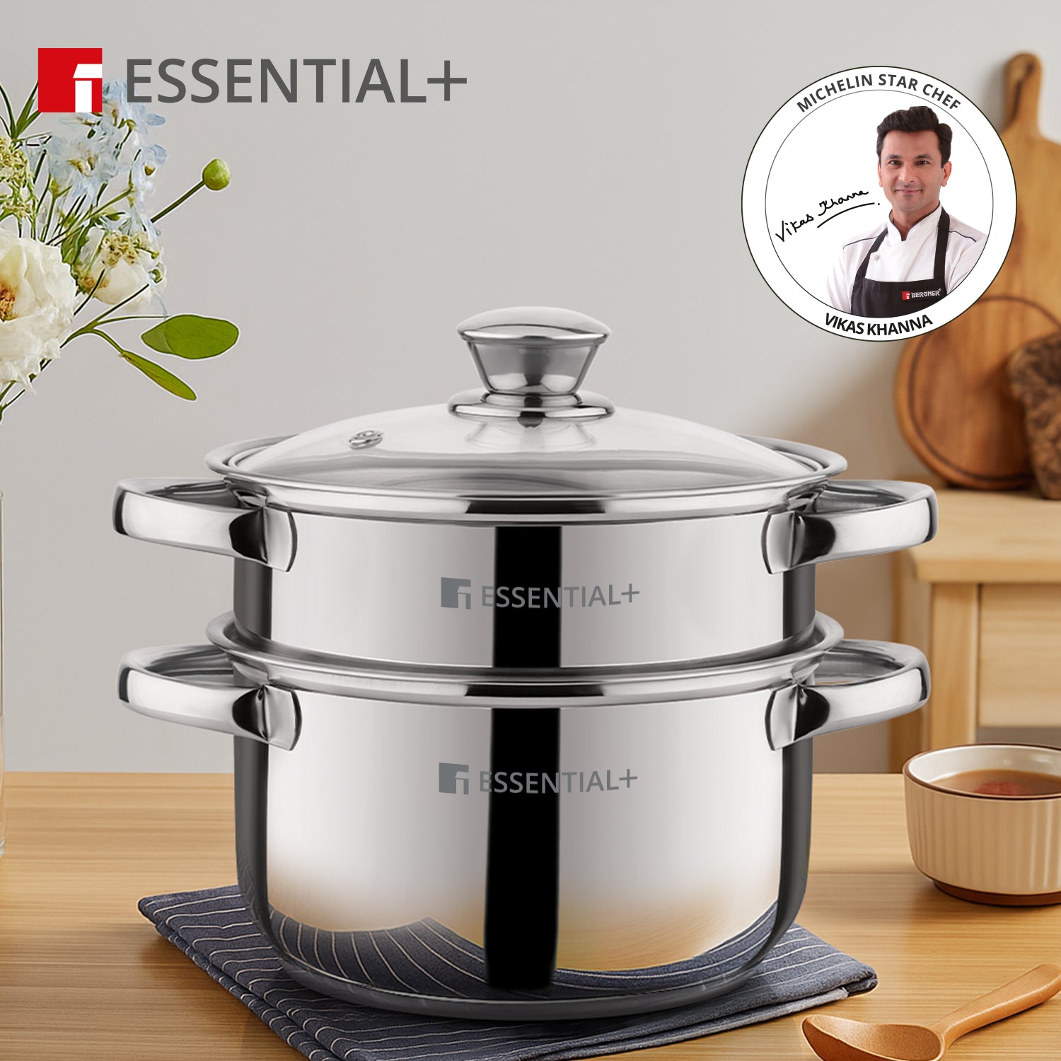 Essential Plus Stainless Steel 2 Tier Steamer (18cm Diameter)