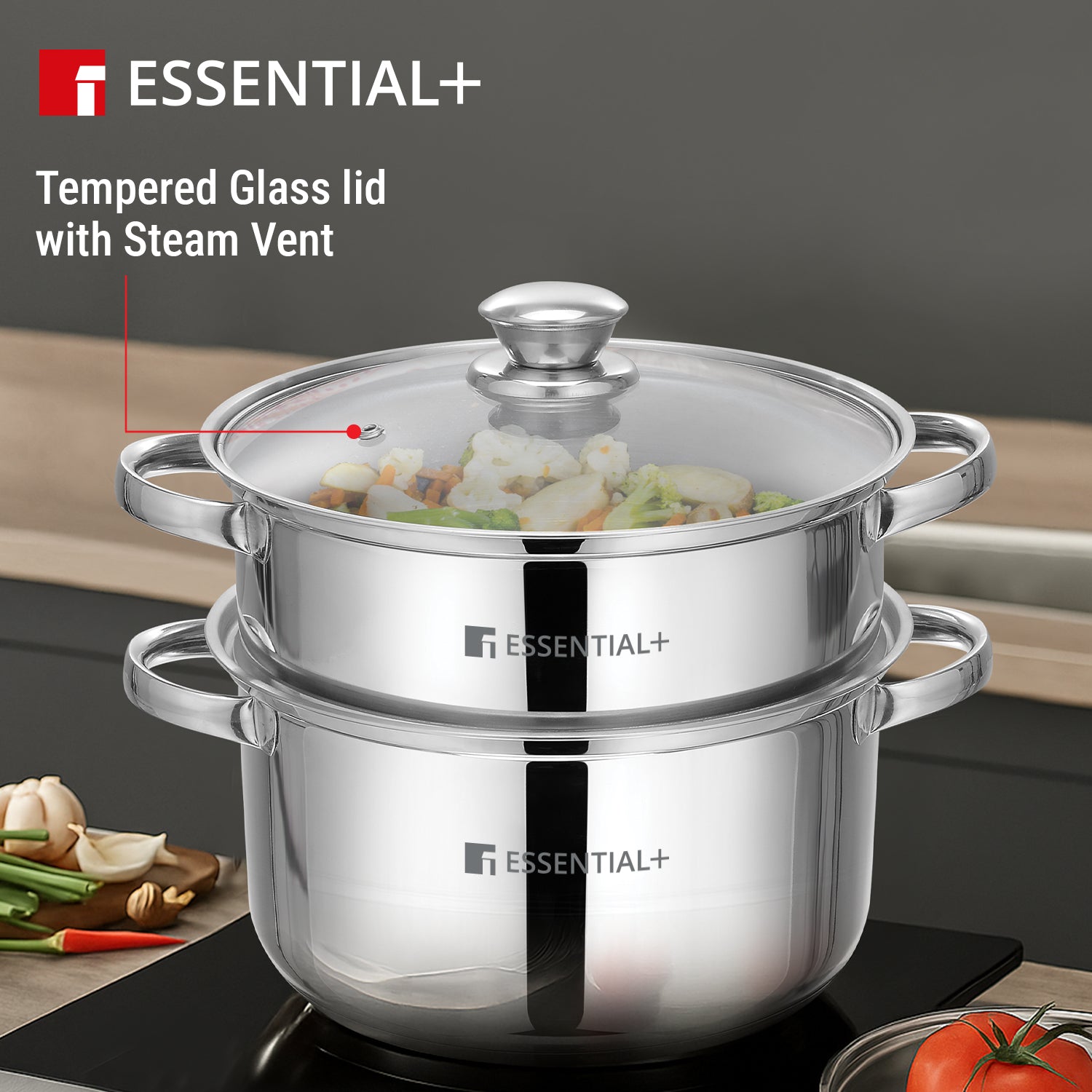 Essential Plus Stainless Steel 2 Tier Steamer (18cm Diameter)