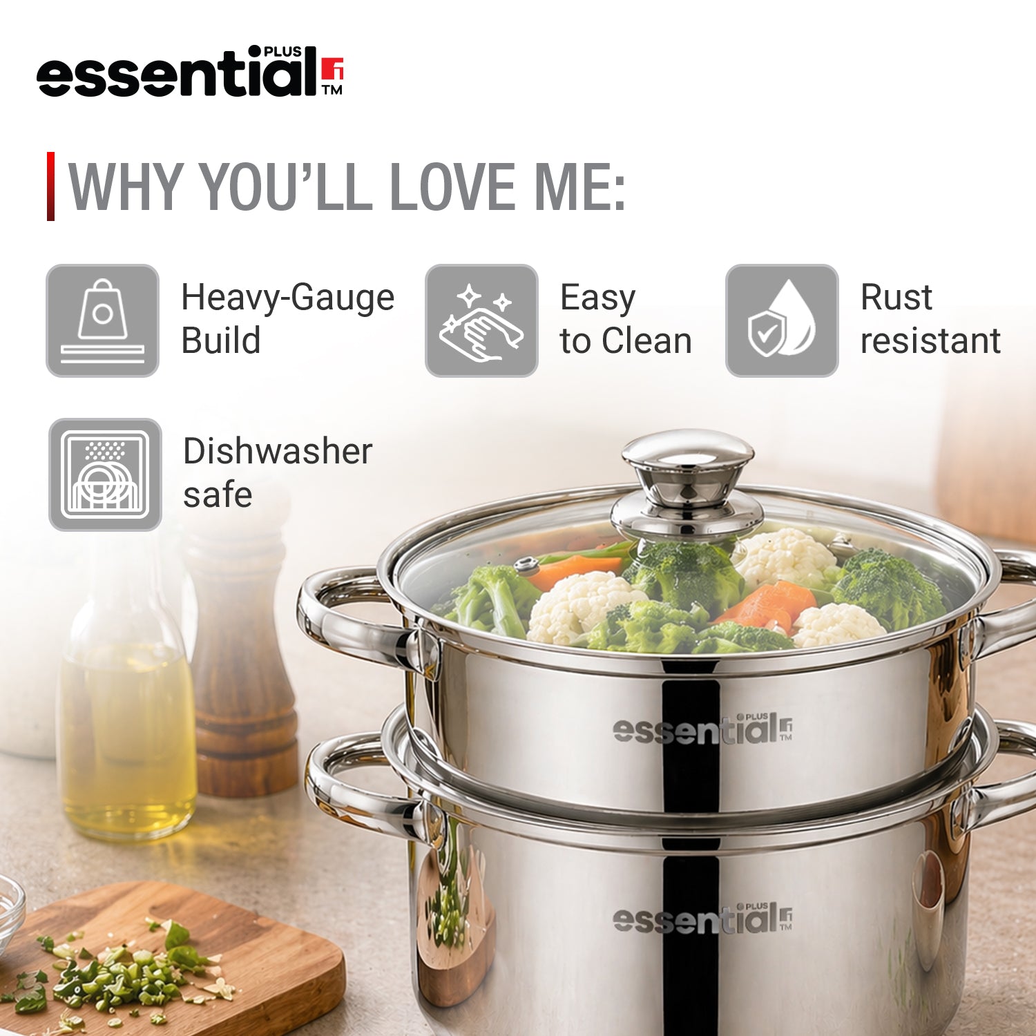 Essential Plus Stainless Steel 2 Tier Steamer (18cm Diameter)