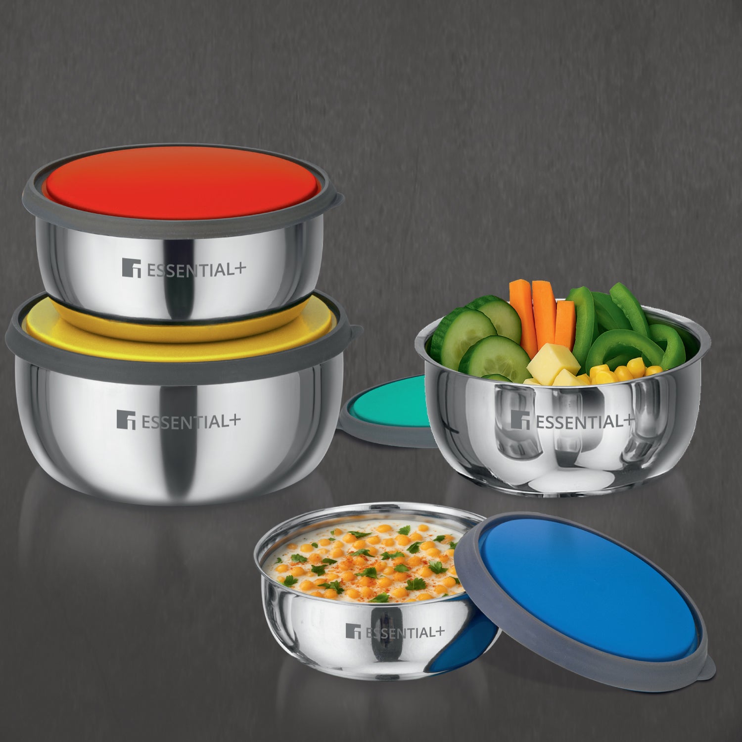 Essential Plus Stainless Steel 4 Food Containers, Oven Safe without Lid