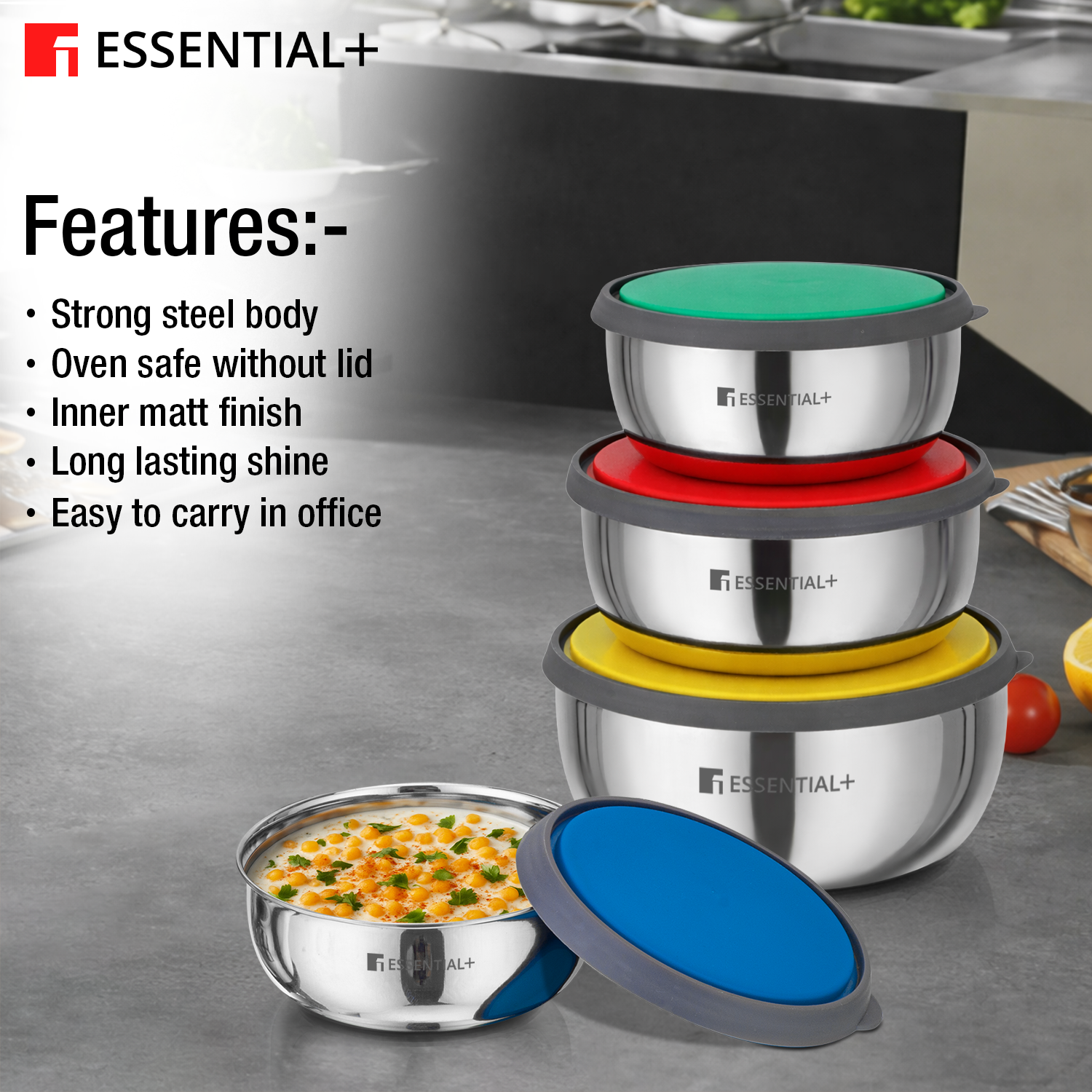 Essential Plus Stainless Steel 4 Food Containers- Oven safe without Lid