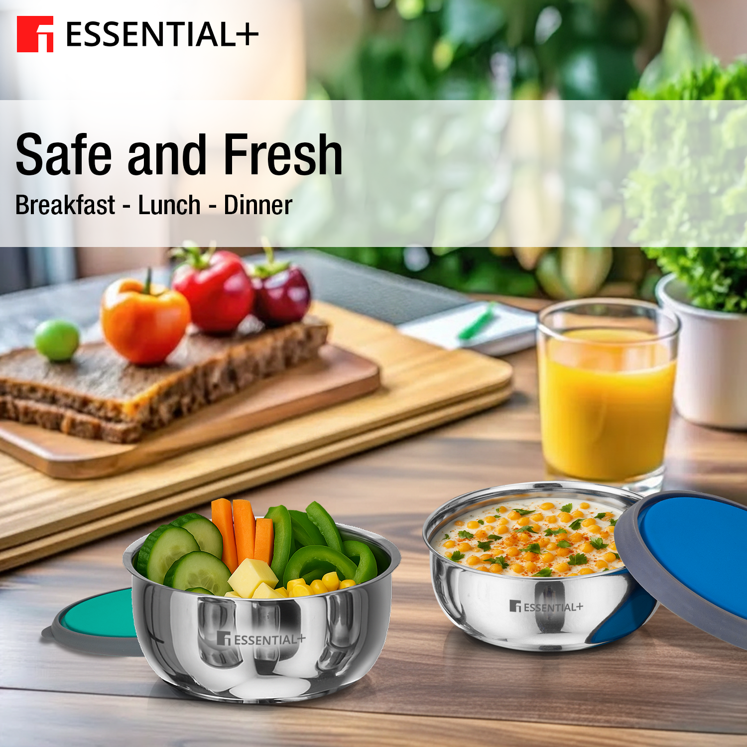 Essential Plus Stainless Steel 4 Food Containers- Oven safe without Lid