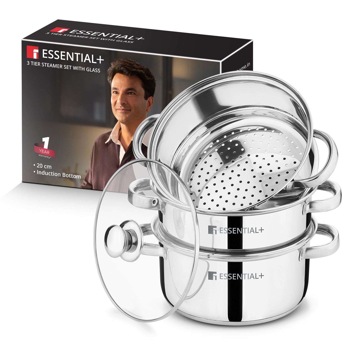 Essential Plus Stainless Steel 3 Tier Steamer with Glass Lid (20cm)