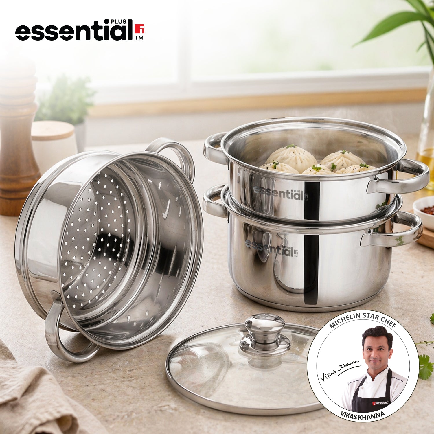 Essential Plus Stainless Steel 3 Tier Steamer with Glass Lid (20cm)