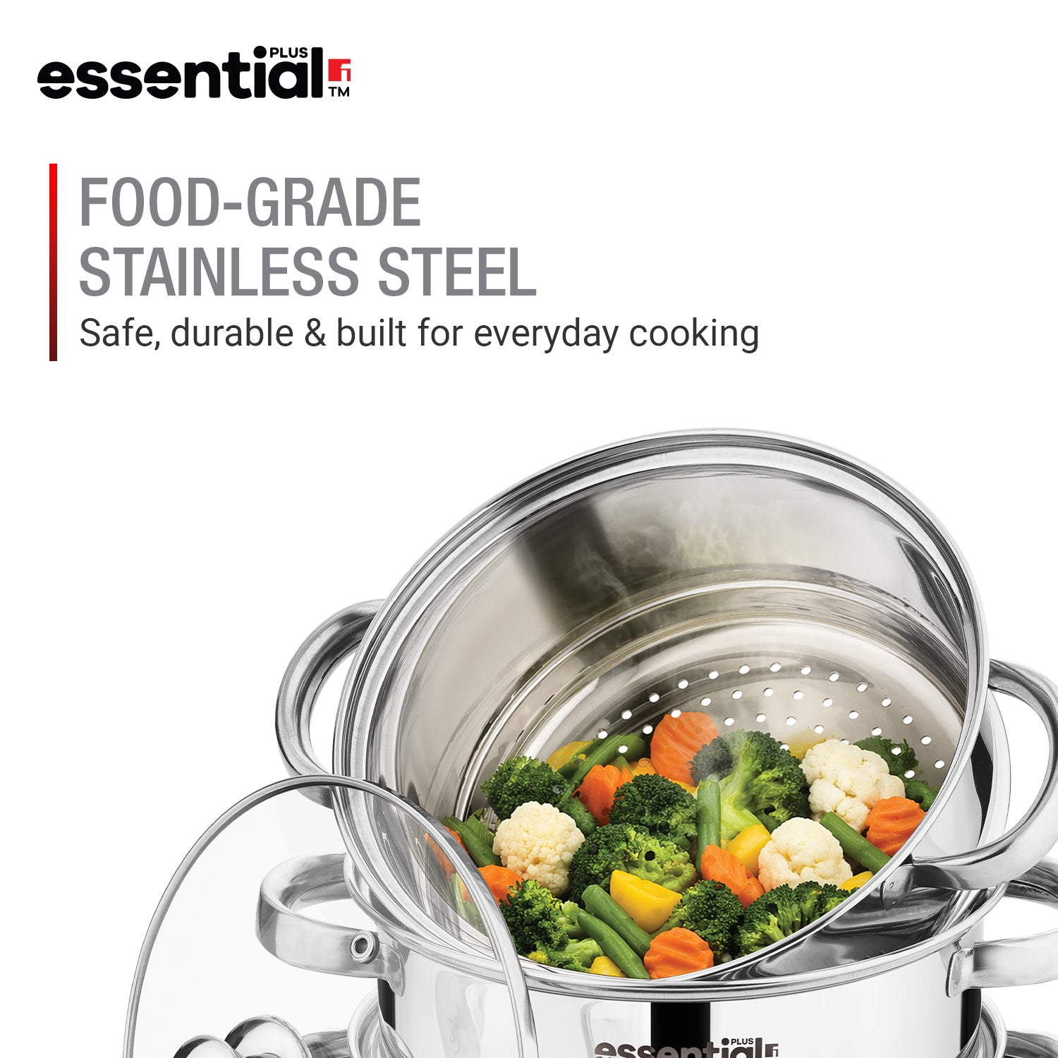 Essential Plus Stainless Steel 3 Tier Steamer with Glass Lid (20cm)