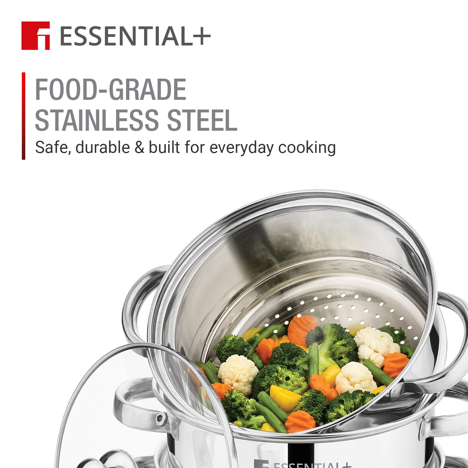 Essential Plus Stainless Steel 3 Tier Steamer with Glass Lid (20cm)