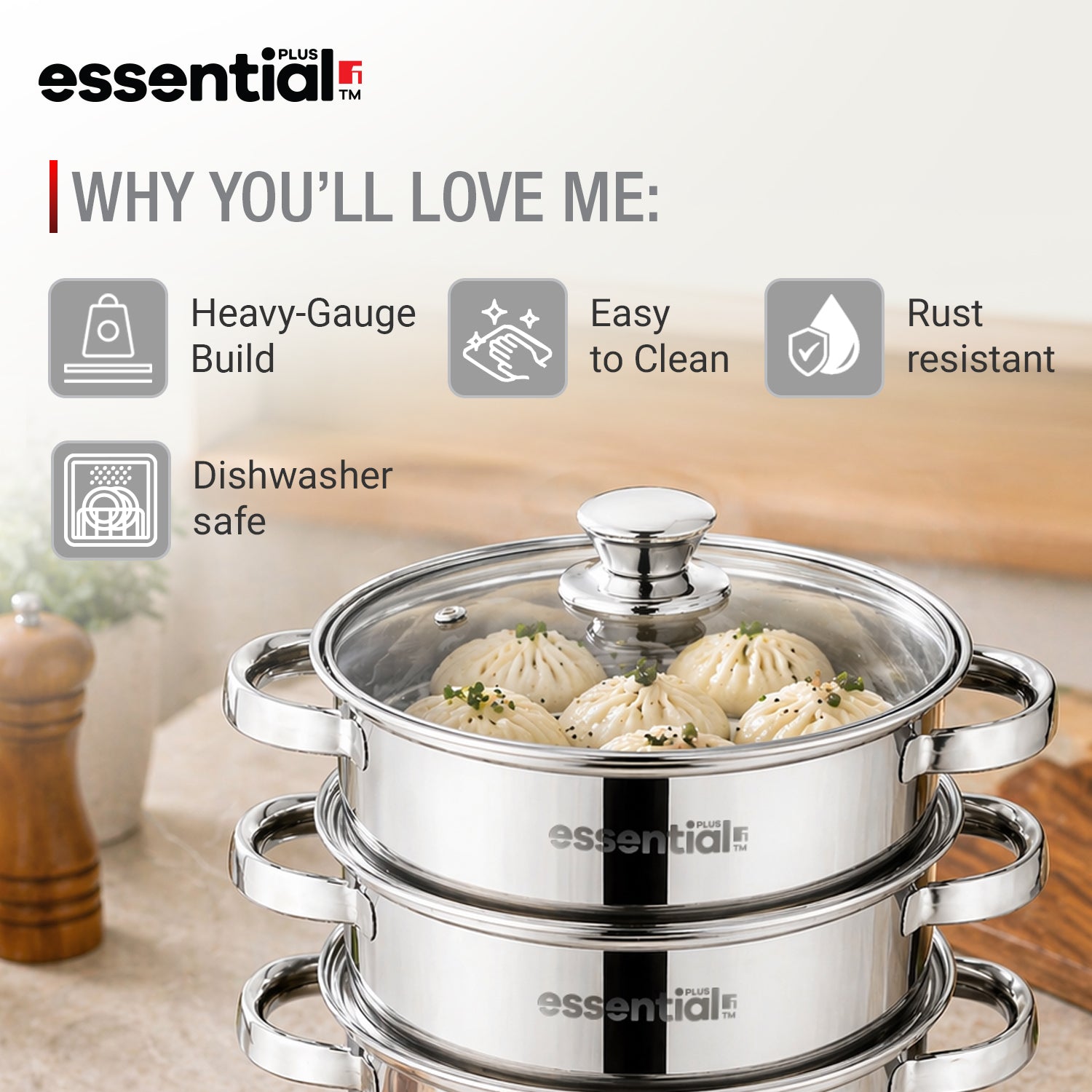 Essential Plus Stainless Steel 3 Tier Steamer with Glass Lid (20cm)