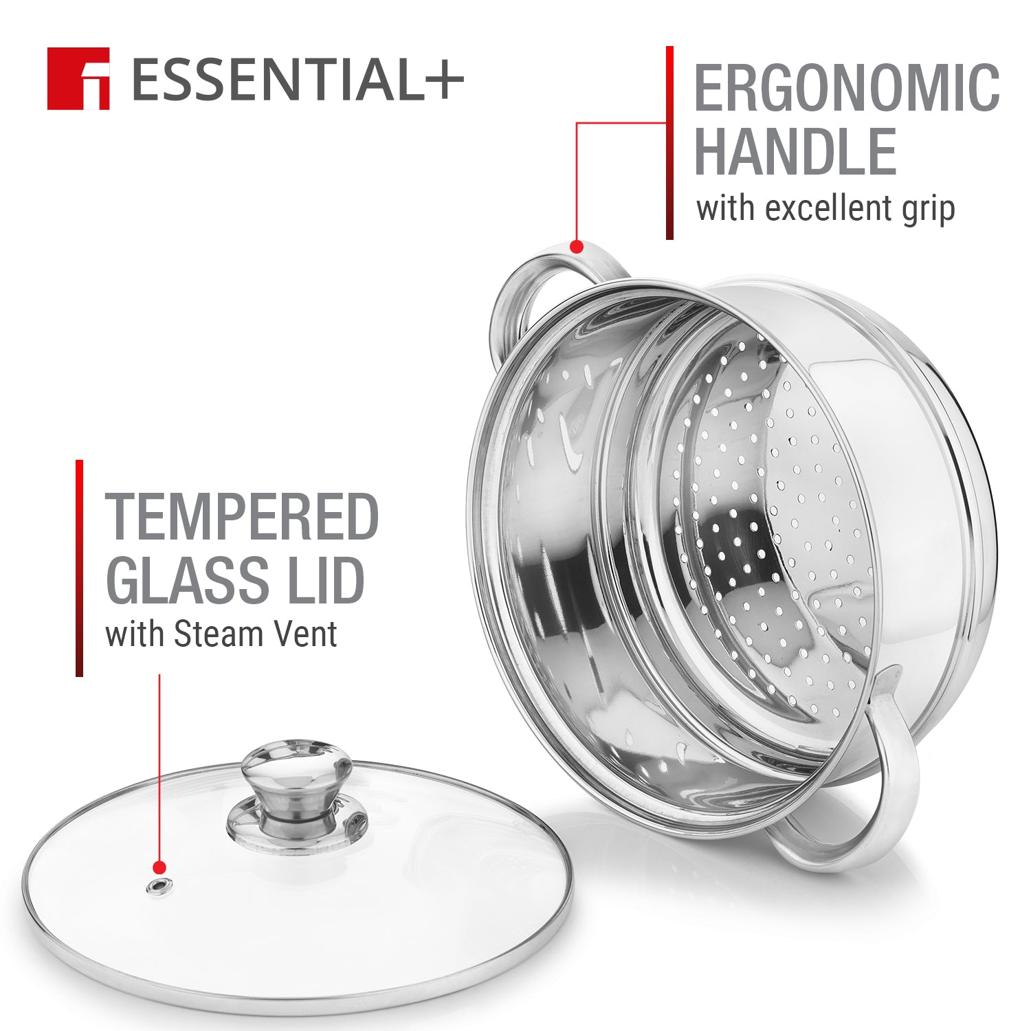 Essential Plus Stainless Steel 3 Tier Steamer with Glass Lid (20cm)