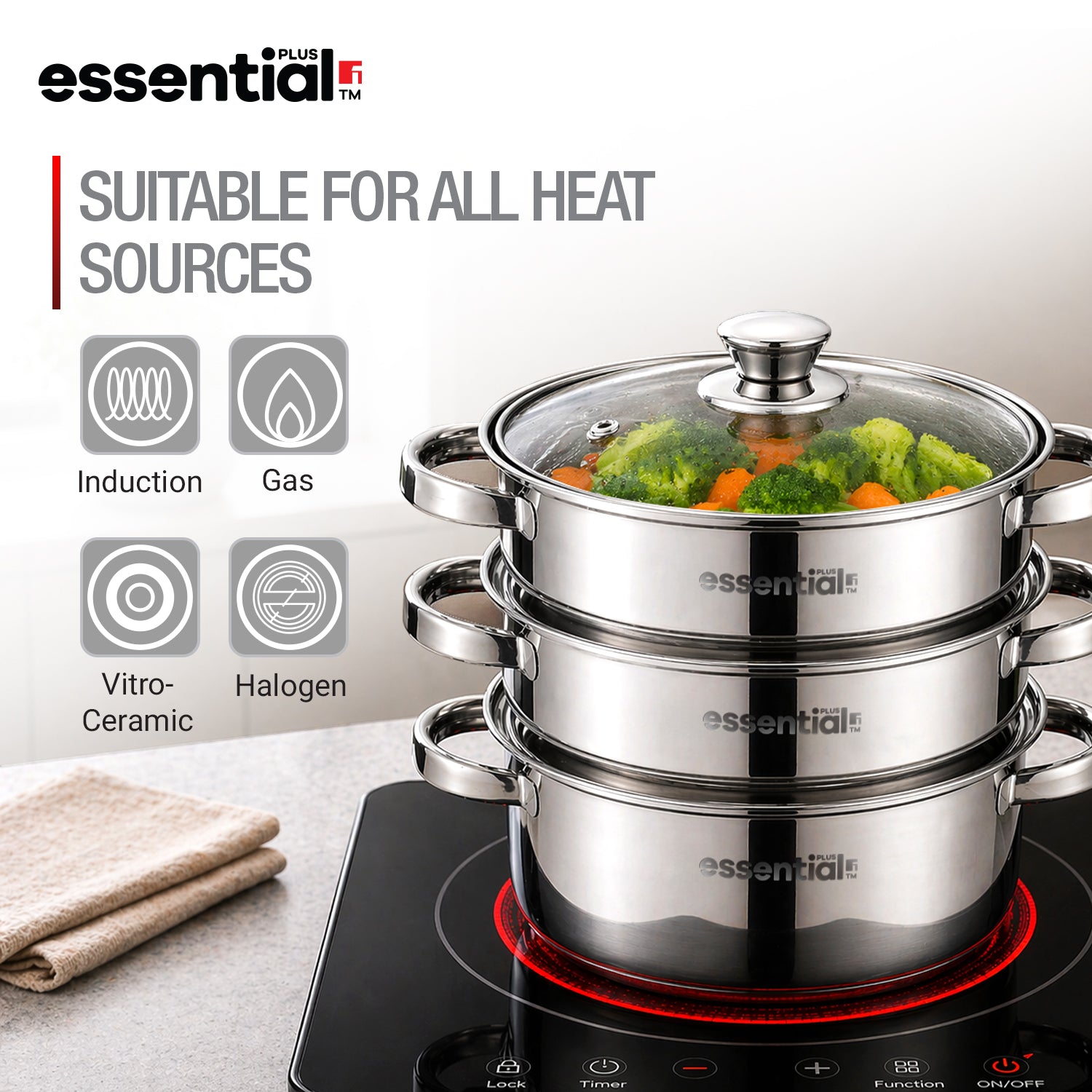Essential Plus Stainless Steel 3 Tier Steamer with Glass Lid (20cm)