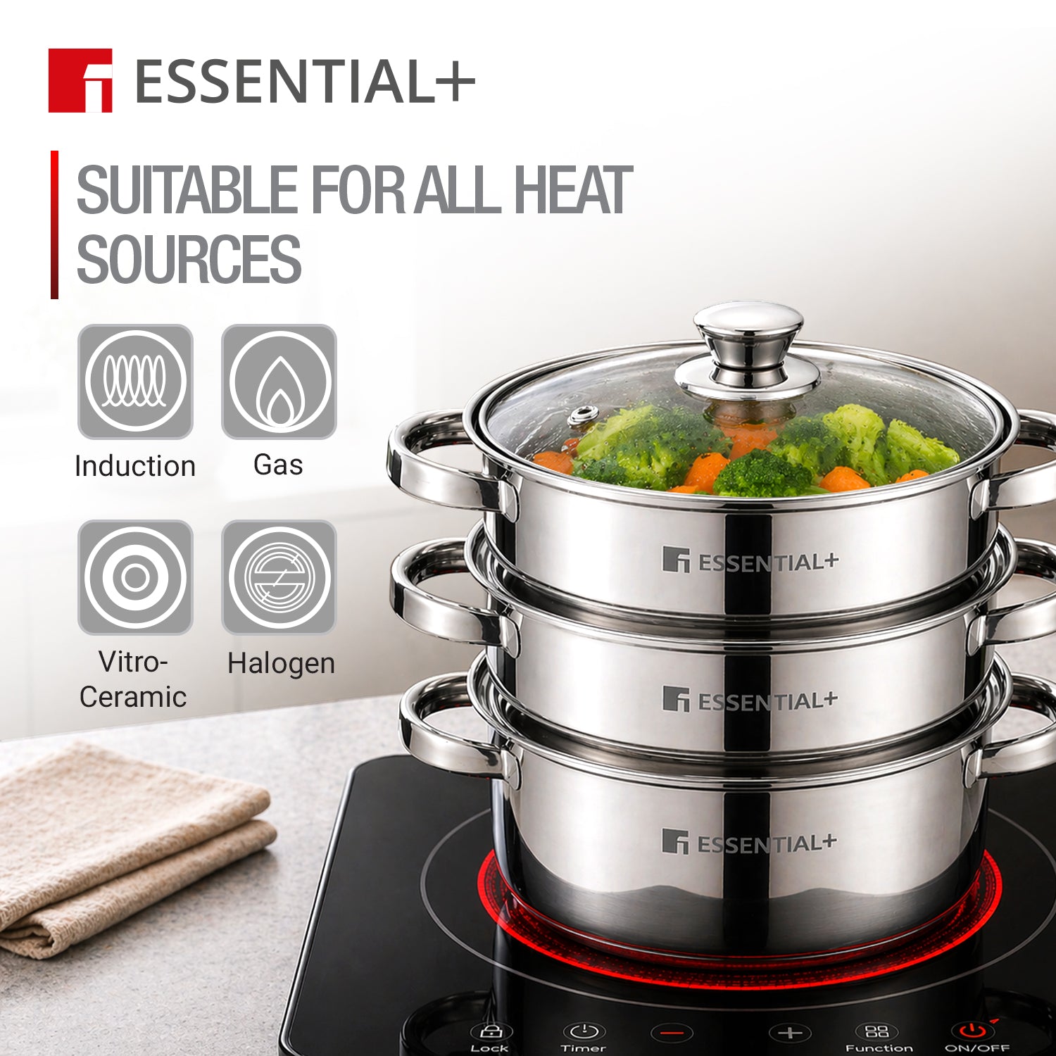 Essential Plus Stainless Steel 3 Tier Steamer with Glass Lid (20cm)