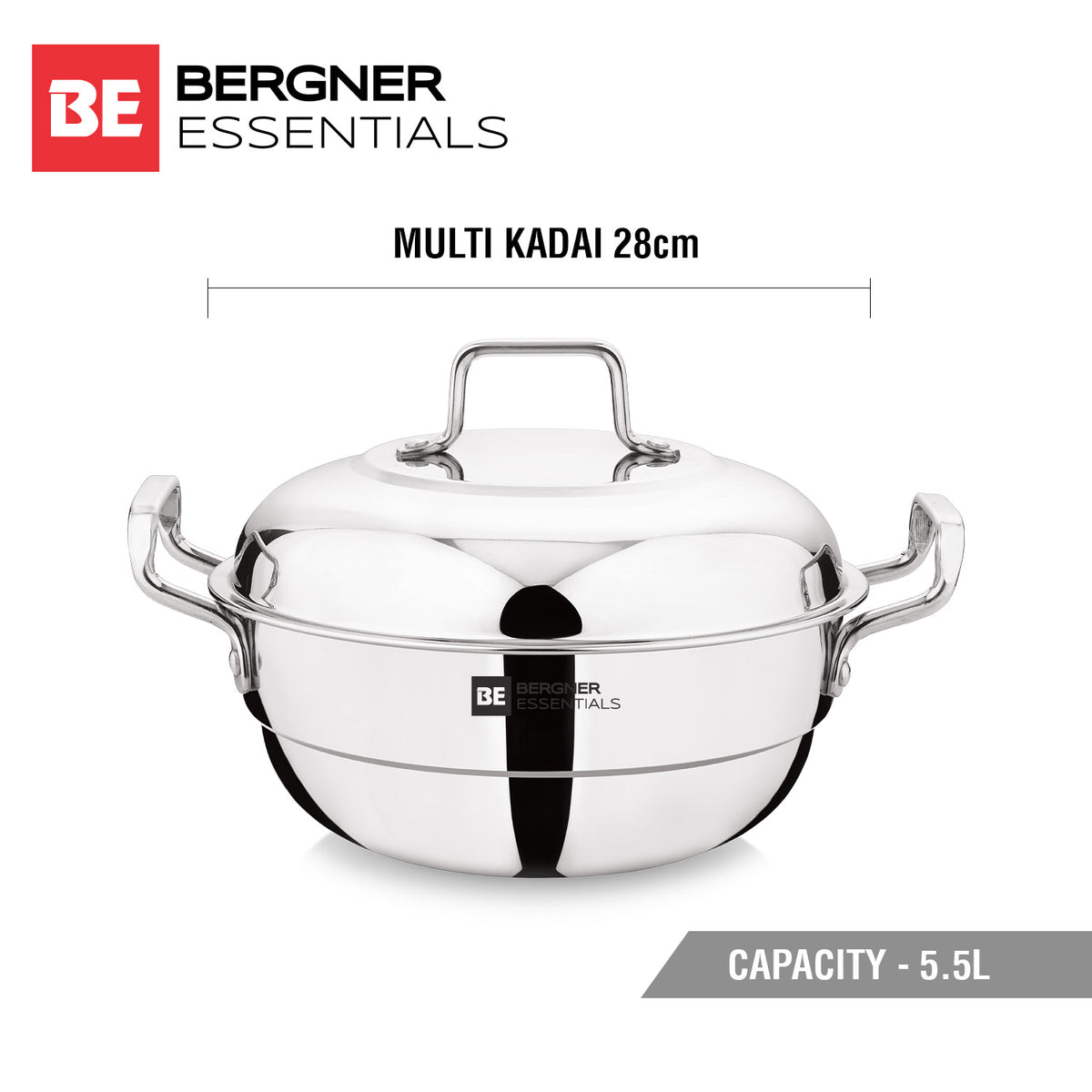 BE Essentials Triply Stainless Steel Multi Kadai 28cm (5.5L) with Lid & 6 Plates