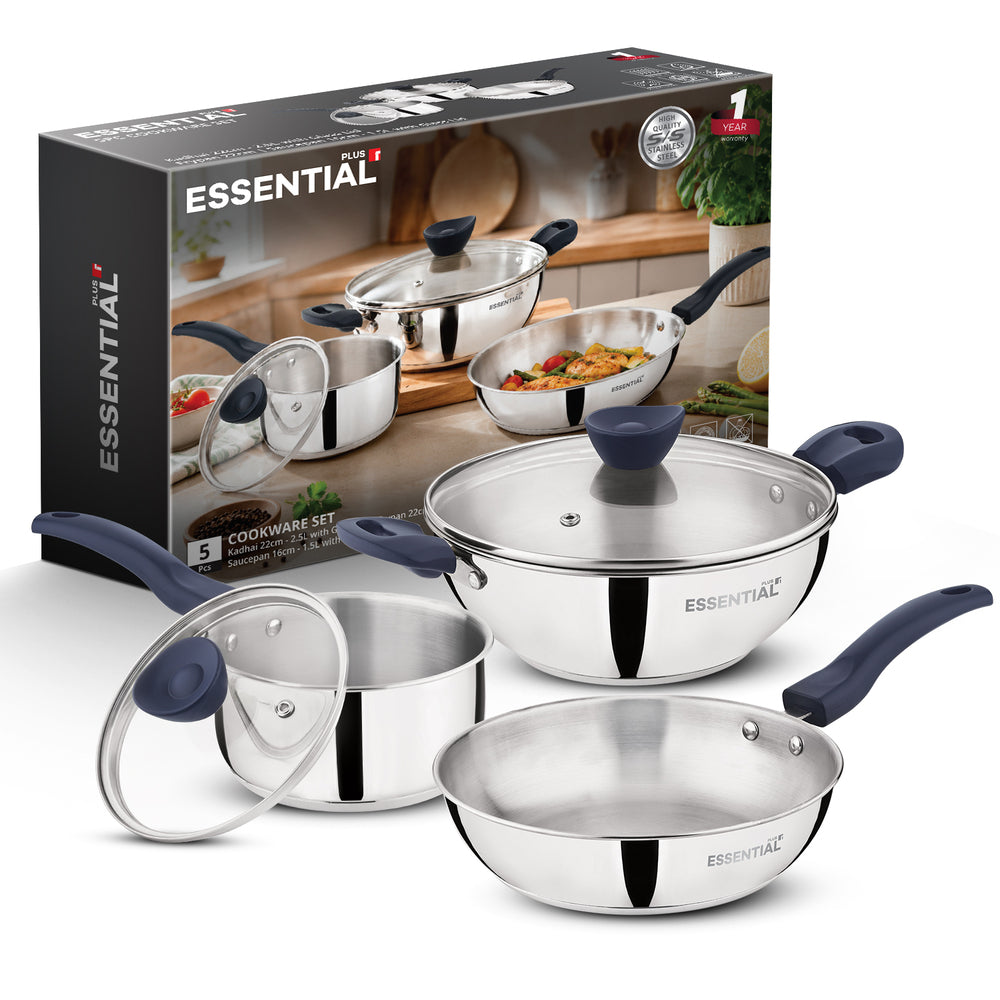 Essential brand 5-piece stainless steel cookware set with dark blue handles and lids, shown with its retail packaging box on a white background.