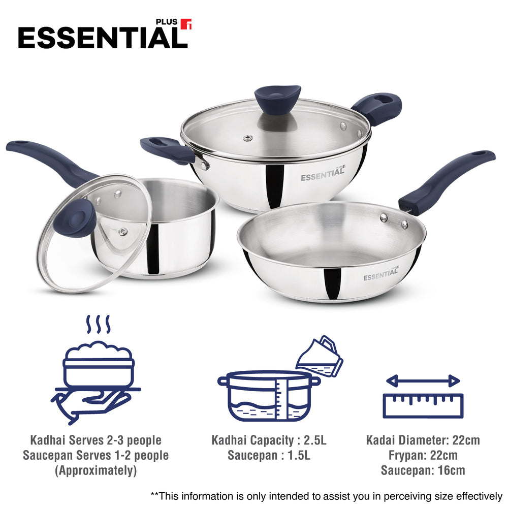 Essential Plus stainless steel cookware set featuring a kadhai, saucepan, and frying pan with glass lids, blue handles, and size/capacity details. Kadhai serves 2–3 people and has a 2.5L capacity; saucepan has a 1.5L capacity; kadhai diameter is 22cm, frypan diameter is 22cm, and saucepan diameter is 16cm.