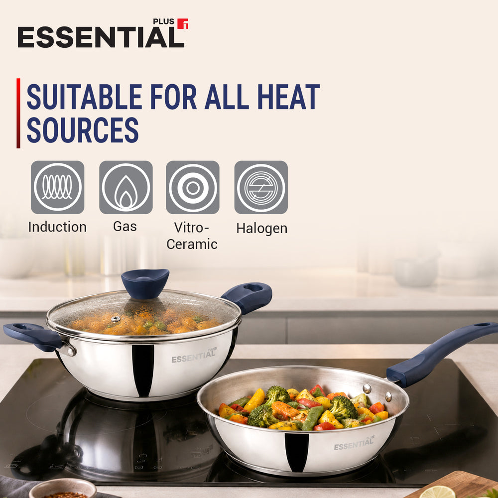 Essential Plus FT stainless steel cookware set on a black induction cooktop, featuring a pot with a glass lid and a frying pan filled with colorful vegetables. The image includes text overlays stating 'ESSENTIAL PLUS FT', 'SUITABLE FOR ALL HEAT SOURCES', and icons for Induction, Gas, Vitro-Ceramic, and Halogen.