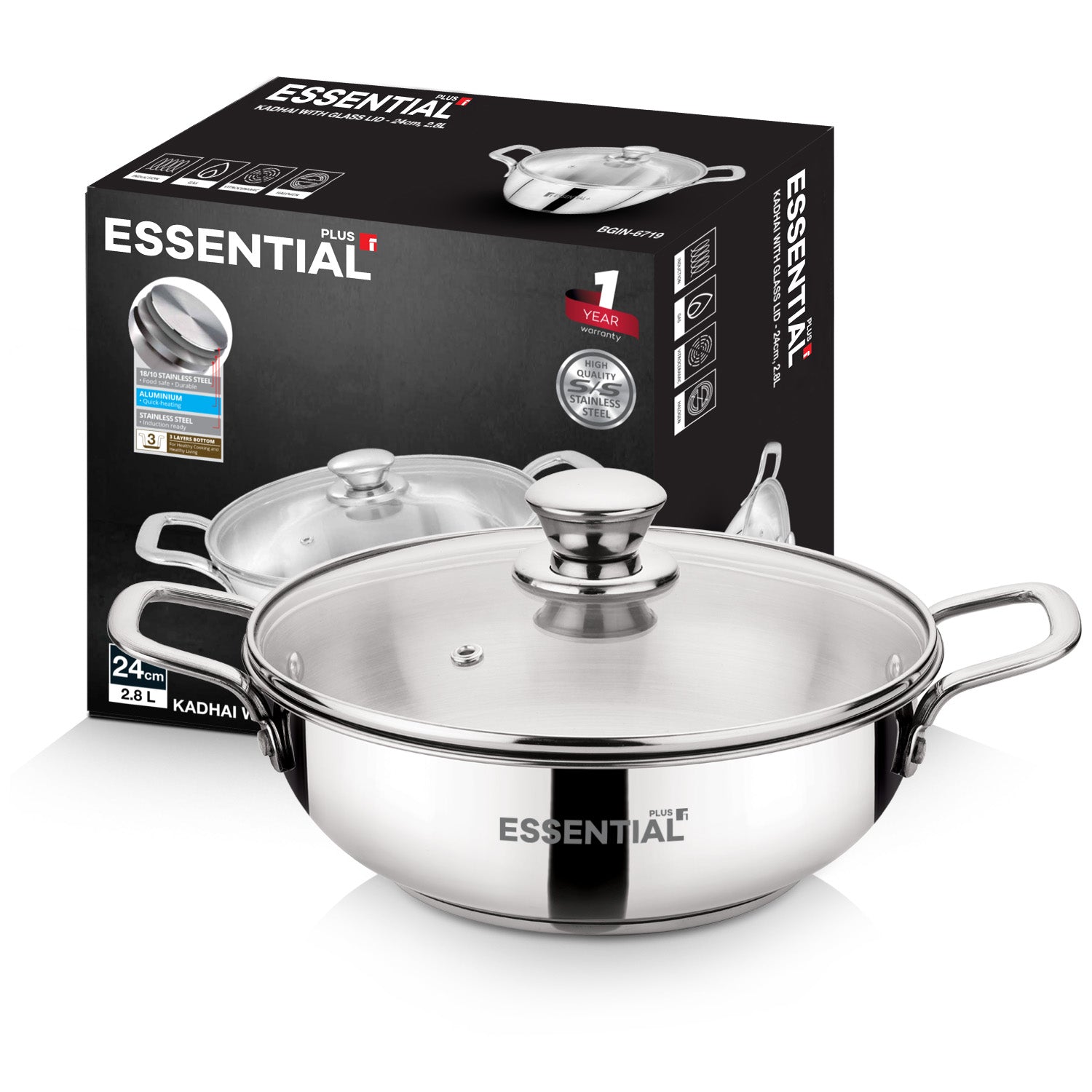 Essential Plus Stainless Steel Kadai with Glass Lid, 24cm (2.8 L)