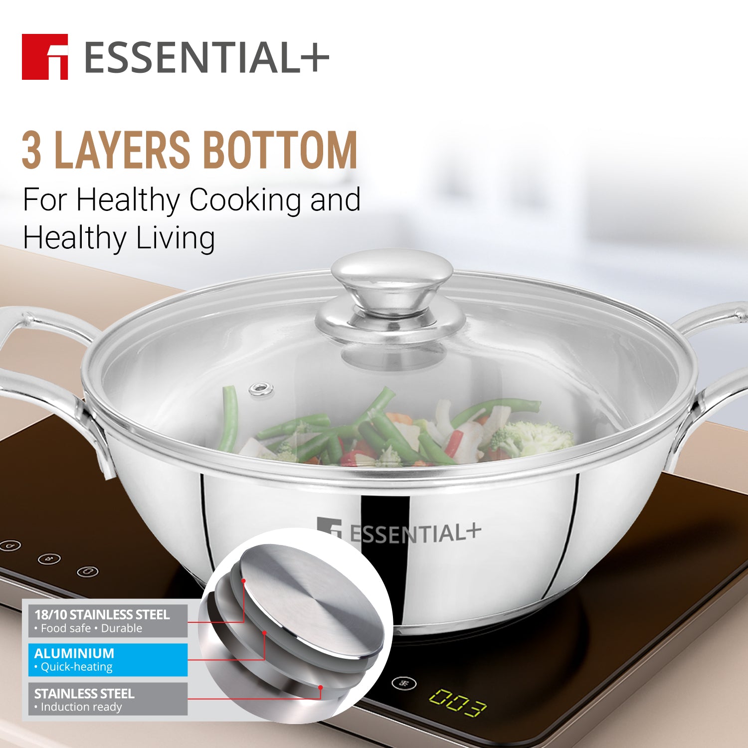 Bergner Essential Plus Stainless Steel Kadai with Glass Lid, 24cm (2.8 L)