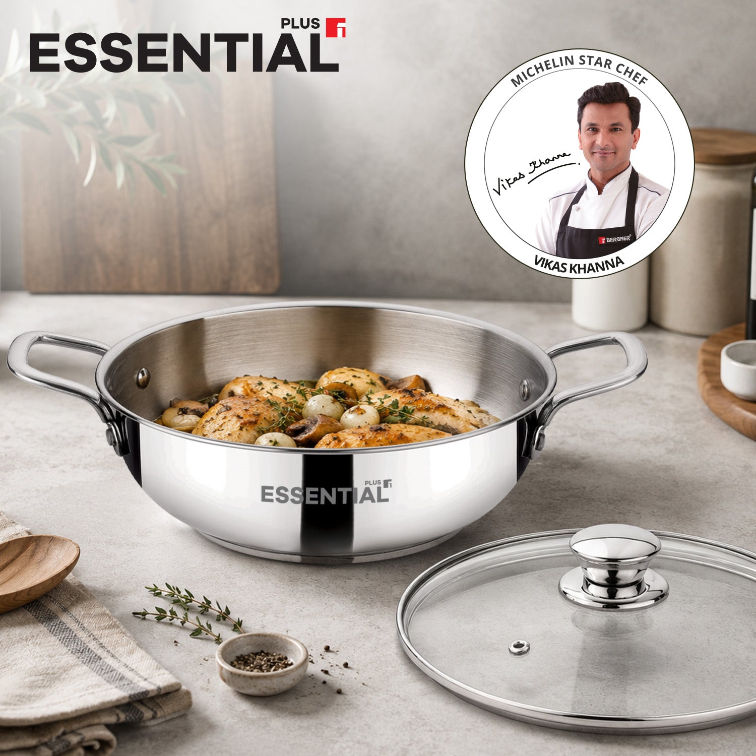 Essential Plus Stainless Steel Kadai with Glass Lid, 24cm (2.8 L)