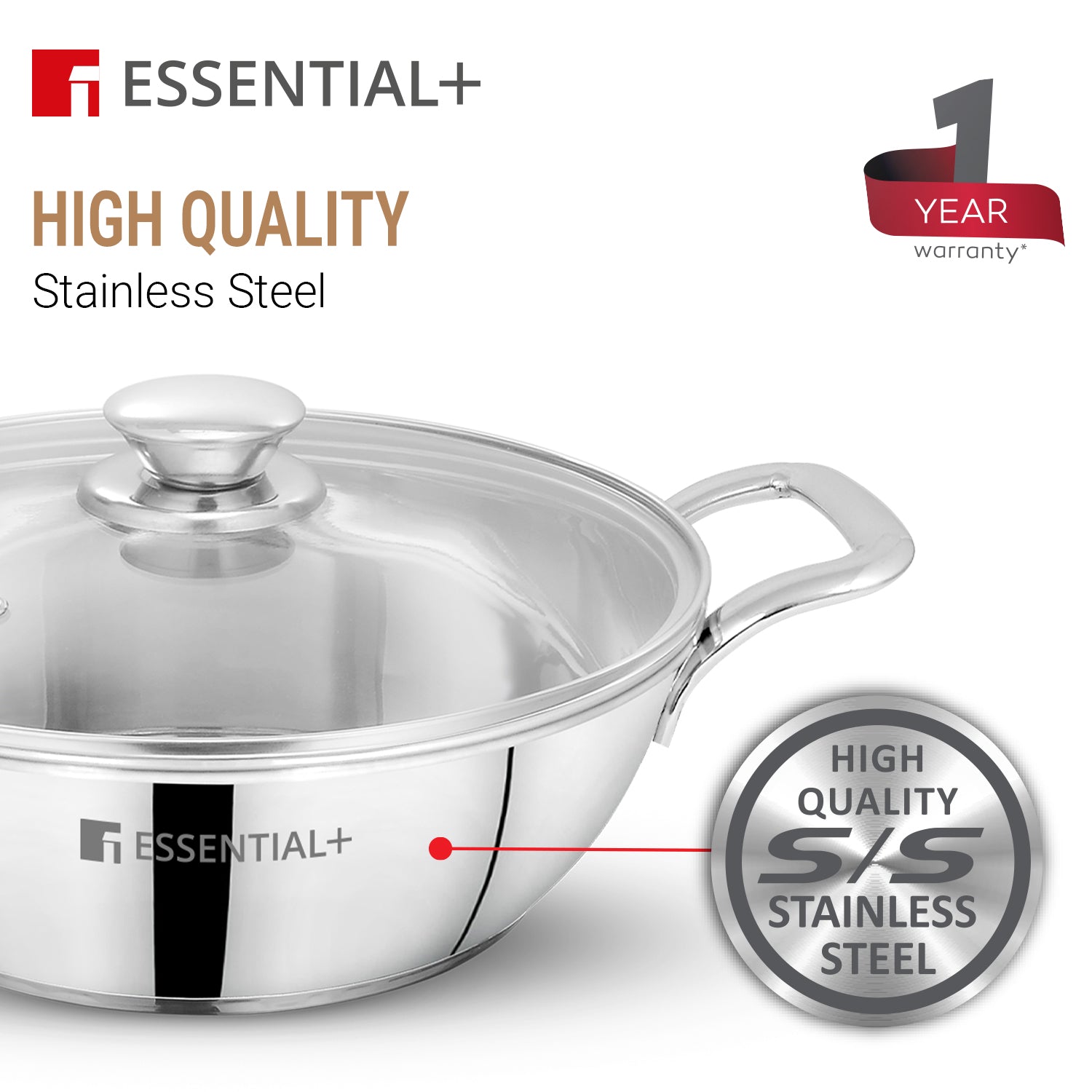 Bergner Essential Plus Stainless Steel Kadai with Glass Lid, 24cm (2.8 L)
