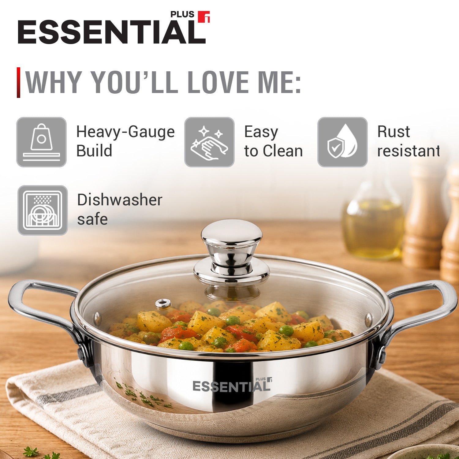 Essential Plus Stainless Steel Kadai with Glass Lid, 24cm (2.8 L)