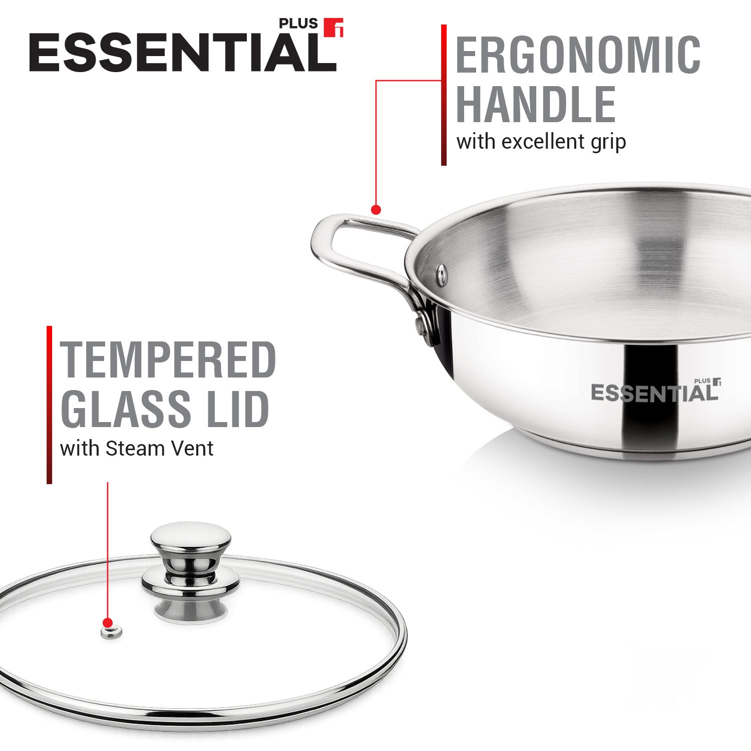 Essential Plus Stainless Steel Kadai with Glass Lid, 24cm (2.8 L)
