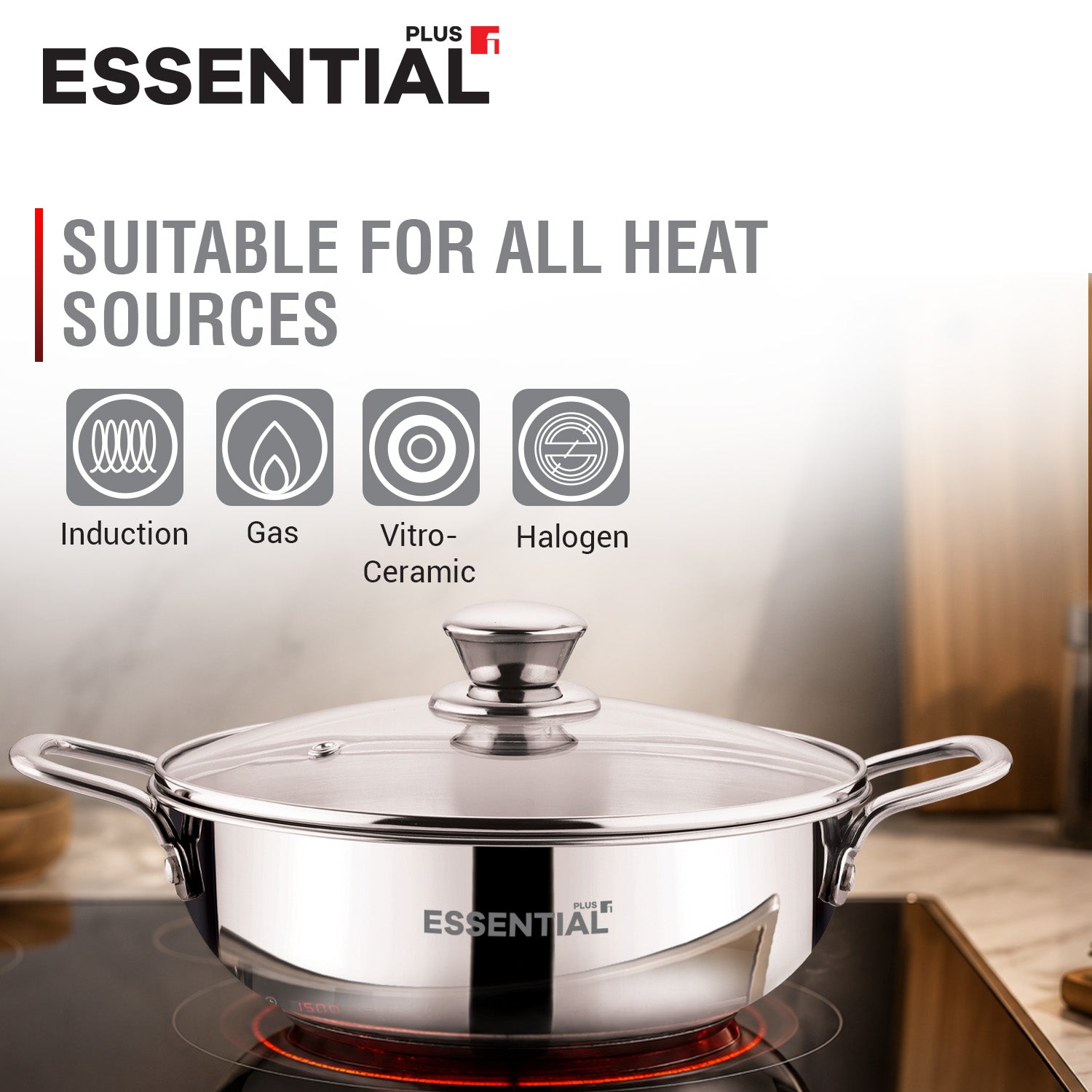 Essential Plus Stainless Steel Kadai with Glass Lid, 24cm (2.8 L)