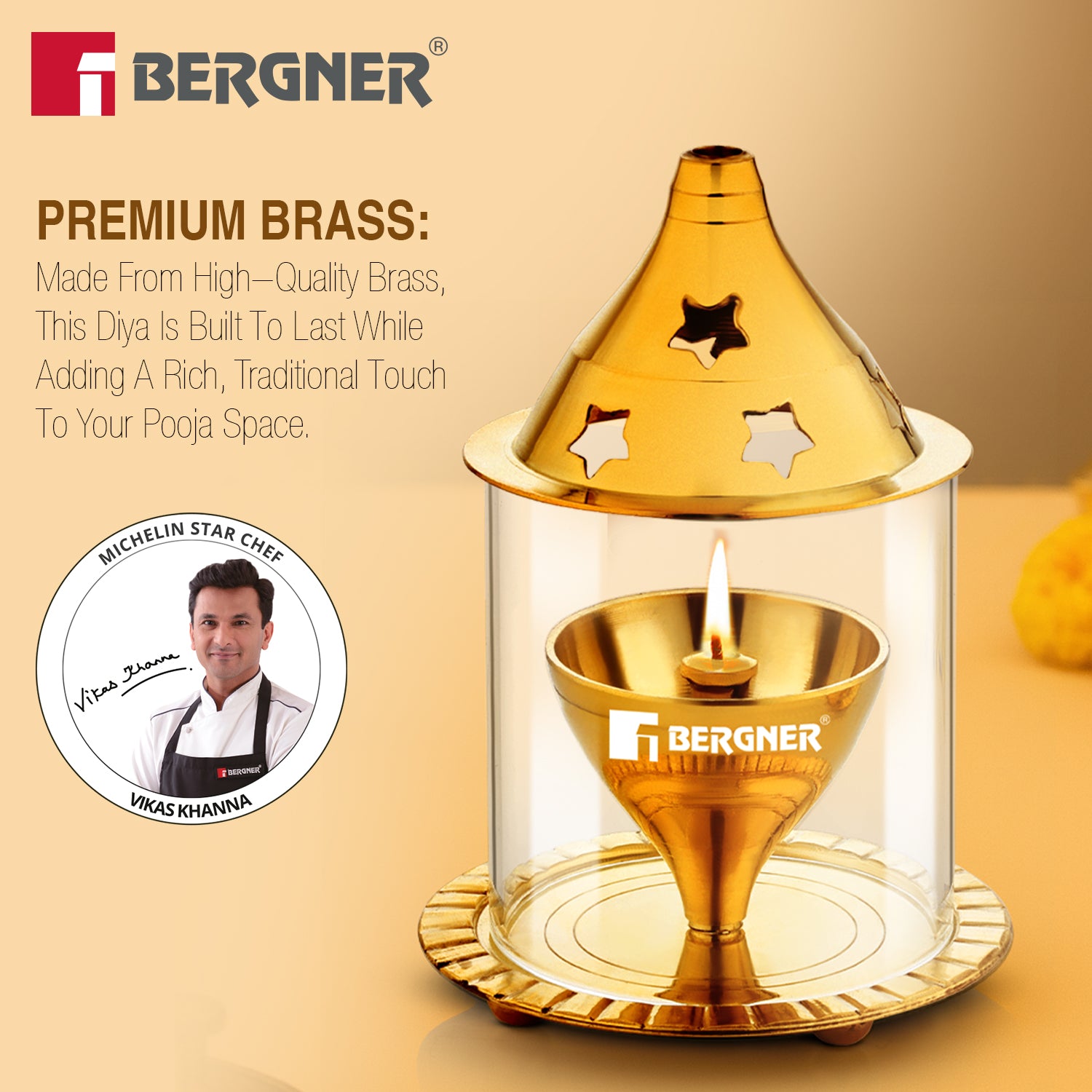 Bergner Anant Brass Akhand Diya with Borosilicate Glass Cover Shield (Small)