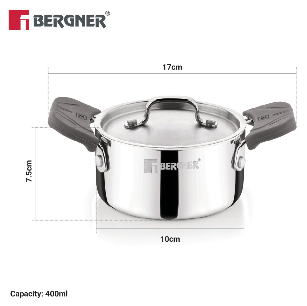 A stainless steel Bergner saucepan with lid, shown on a white background with overlaid dimension lines indicating 17 cm width, 7.5 cm height, 10 cm bottom diameter, and 400 ml capacity.