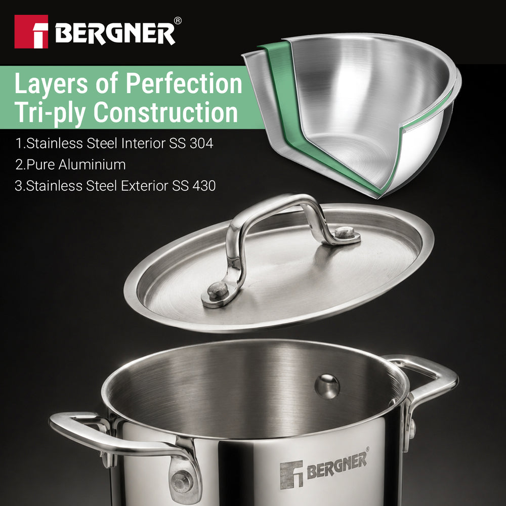 Bergner Tri-Ply stainless steel cookware showing three-layer construction with SS 304 interior, aluminium core, and SS 430 exterior, with a matching lid and stainless steel pot.
