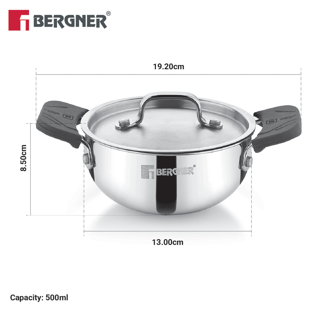 A stainless steel Bergner saucepan with lid, shown with black handles and overlaid dimension lines indicating 19.20cm width, 13.