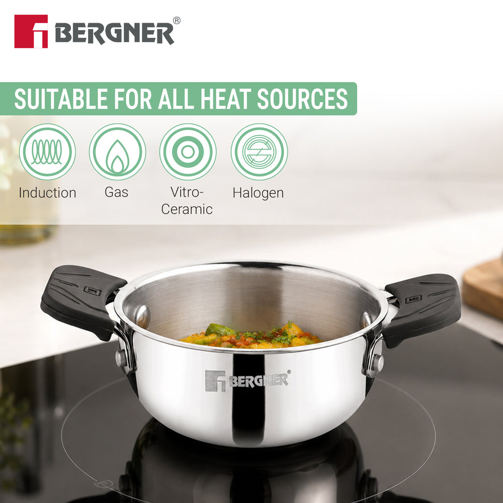 A Bergner stainless steel saucepan with black handles sits on a black induction cooktop. The image includes marketing text and icons indicating suitability for all heat sources: induction, gas, vitri-ceramic, and halogen.