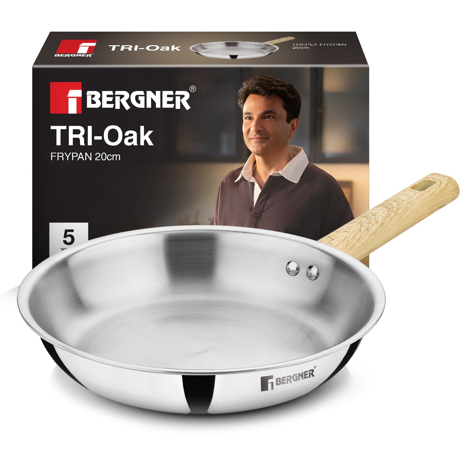 Tri-Oak Triply Stainless Steel Frypan 20cm, Wooden Handle, - Induction