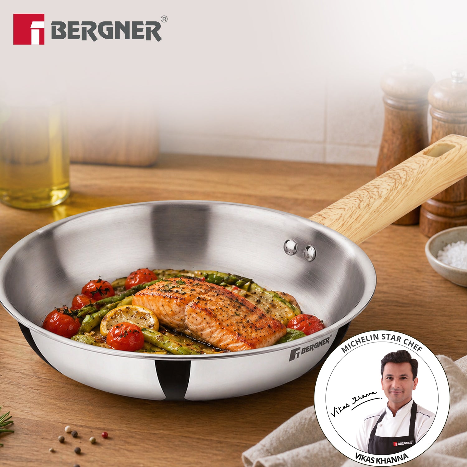Tri-Oak Triply Stainless Steel Frypan 20cm, Wooden Handle, - Induction