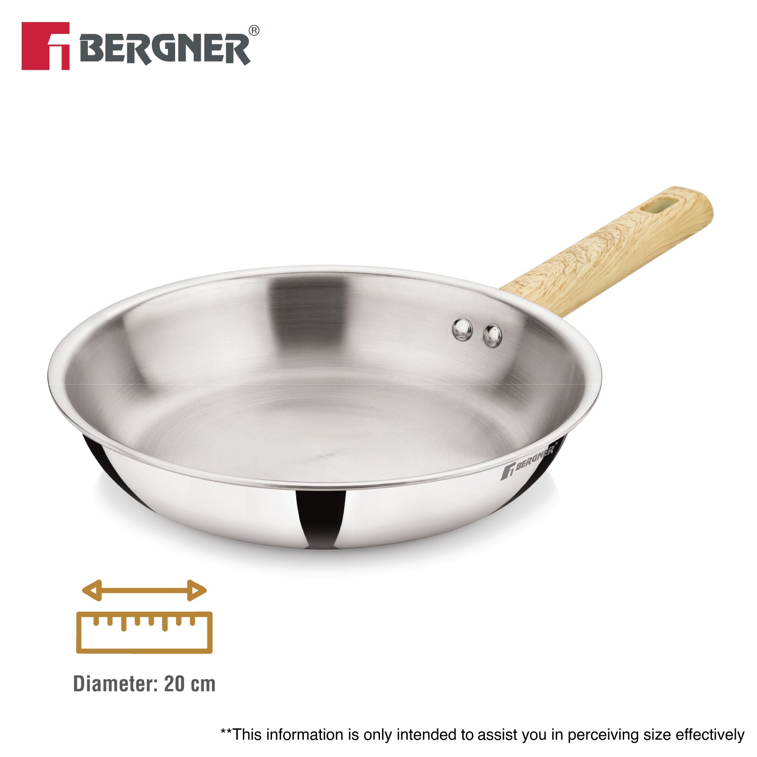 Tri-Oak Triply Stainless Steel Frypan 20cm, Wooden Handle, - Induction