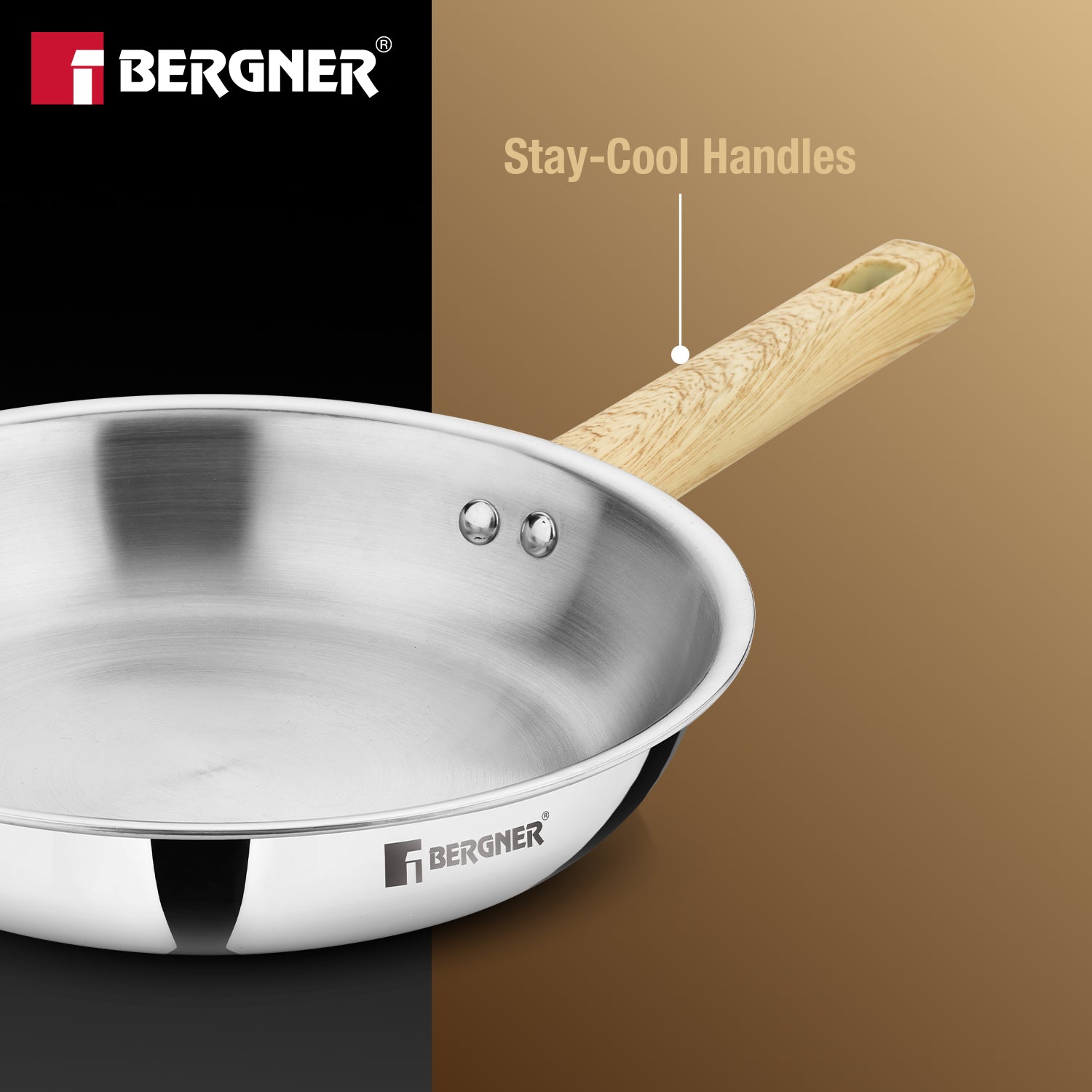 Tri-Oak Triply Stainless Steel Frypan 20cm, Wooden Handle, - Induction