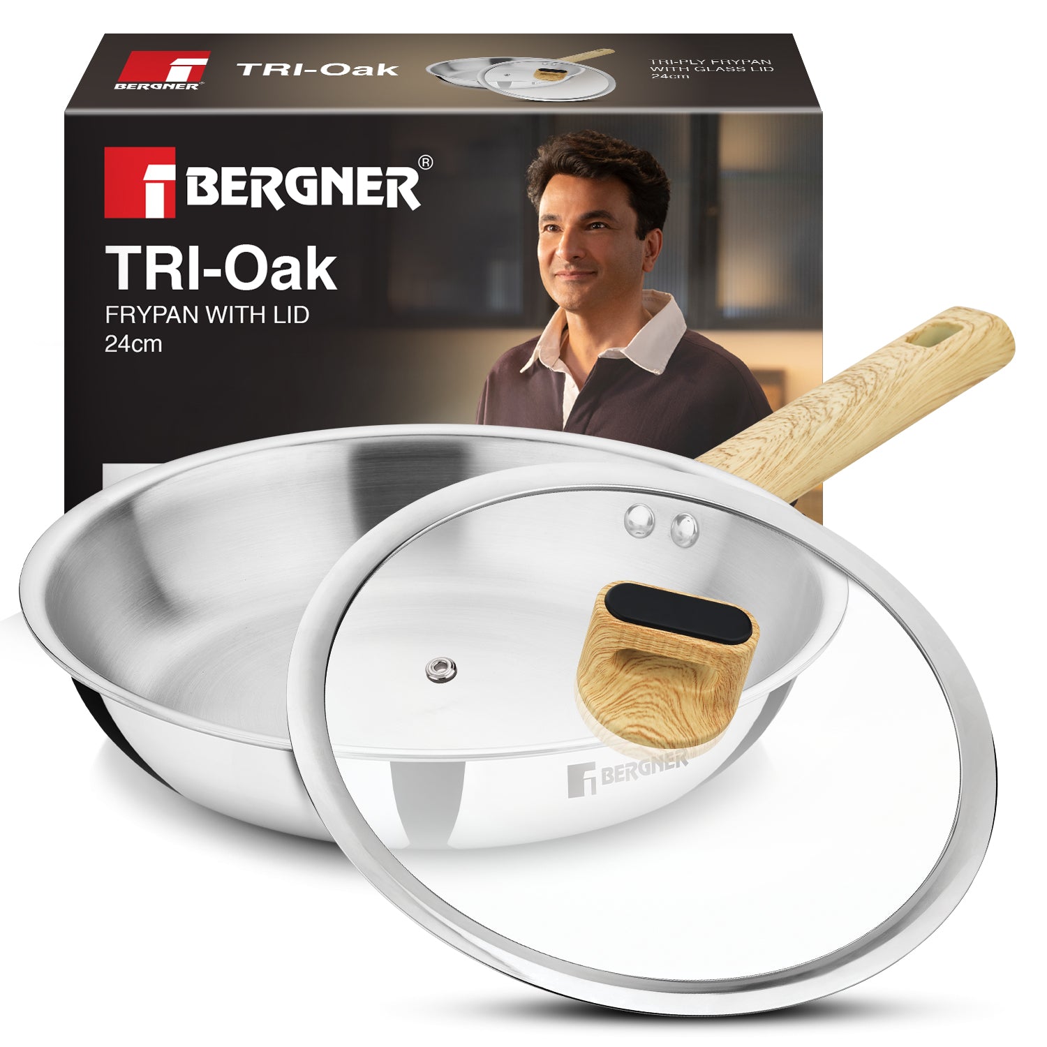 Tri-Oak Triply Stainless Steel Frypan with Glass Lid 24cm